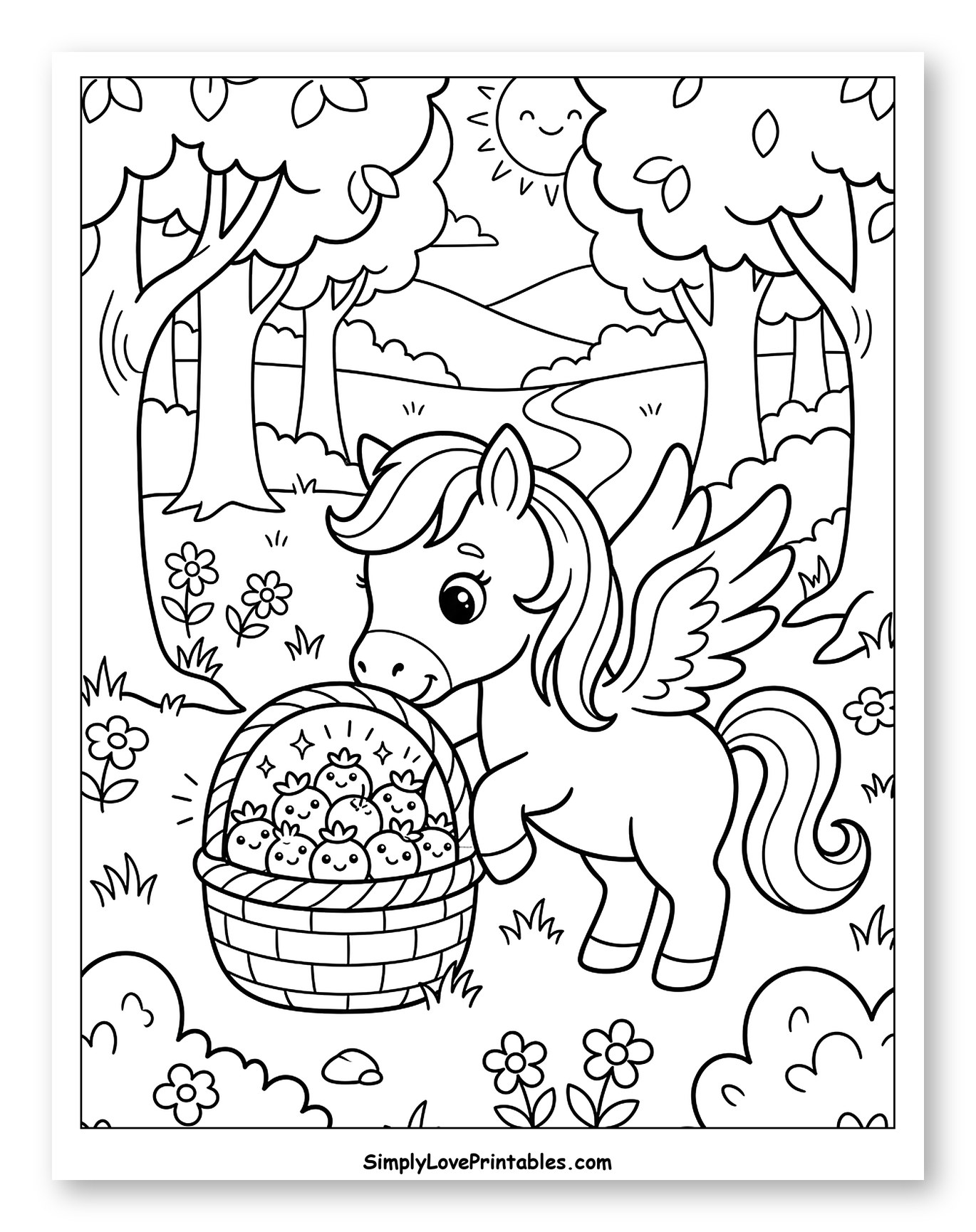 Cute Pegasus with Basket of Smiling Apples