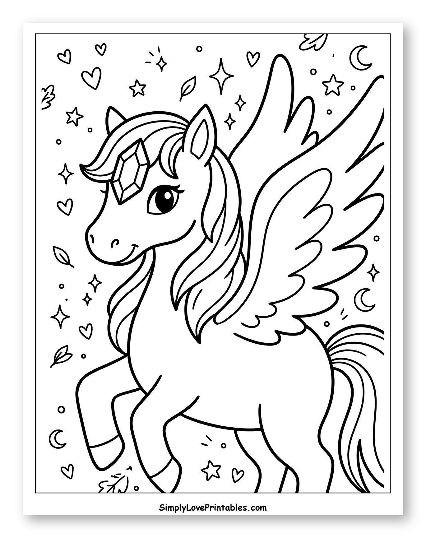 Cute Pegasus with Gem and Sparkles Coloring Sheet for Adults
