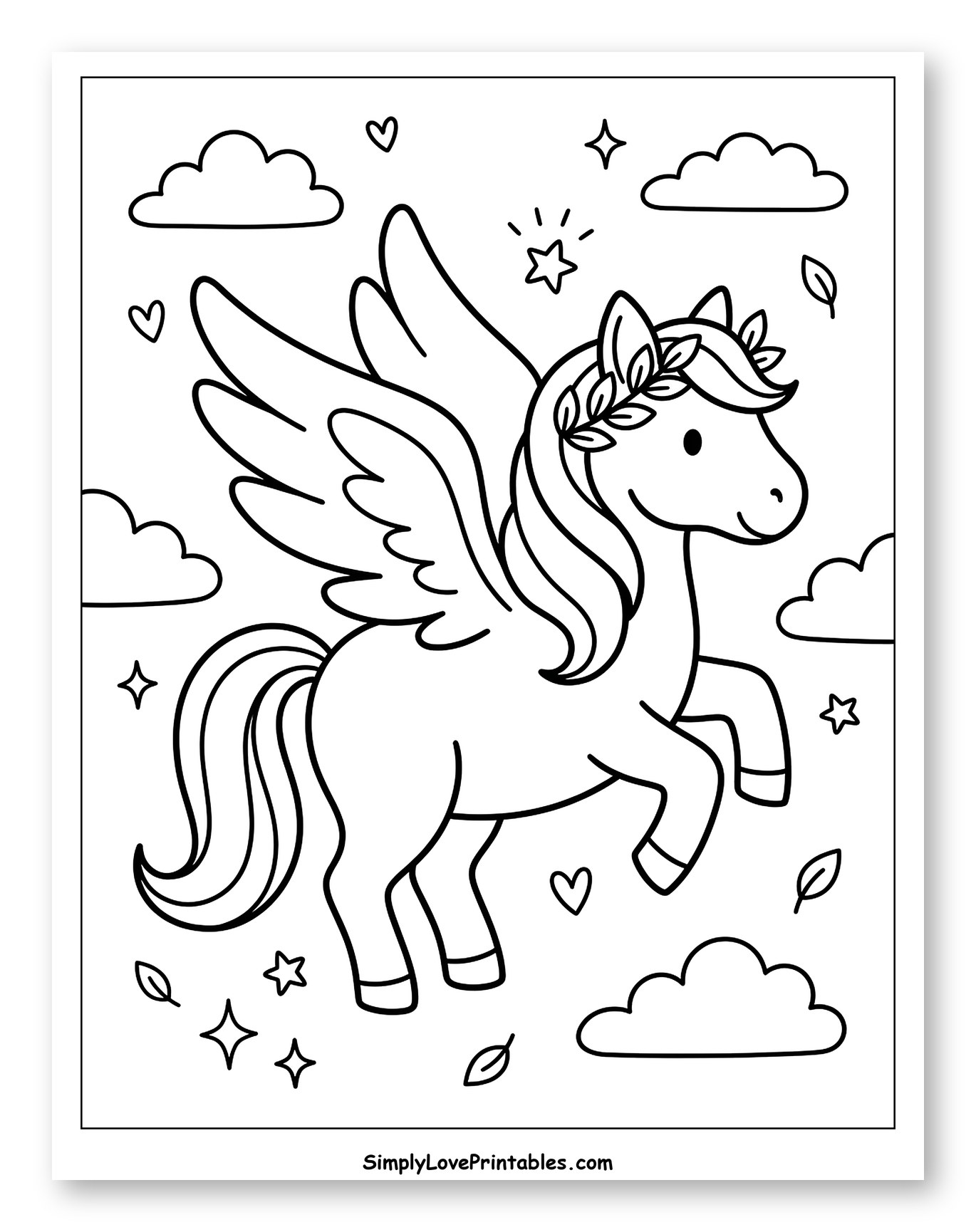Cute Pegasus with Wreath and Clouds