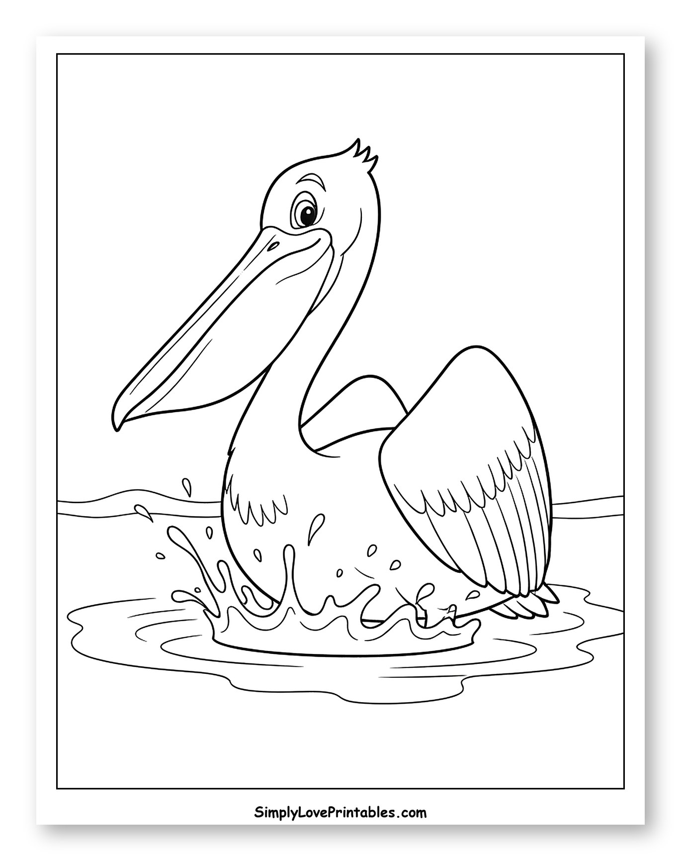 Cute Pelican Splashing in Water Coloring Page for Toddlers