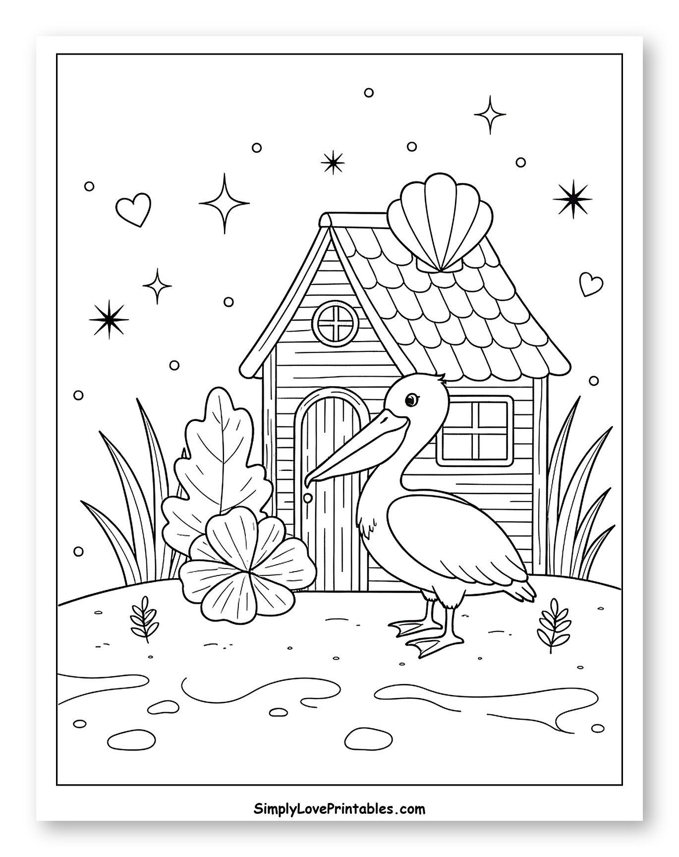 Cute Pelican with a Seashell House Coloring Page for Adults