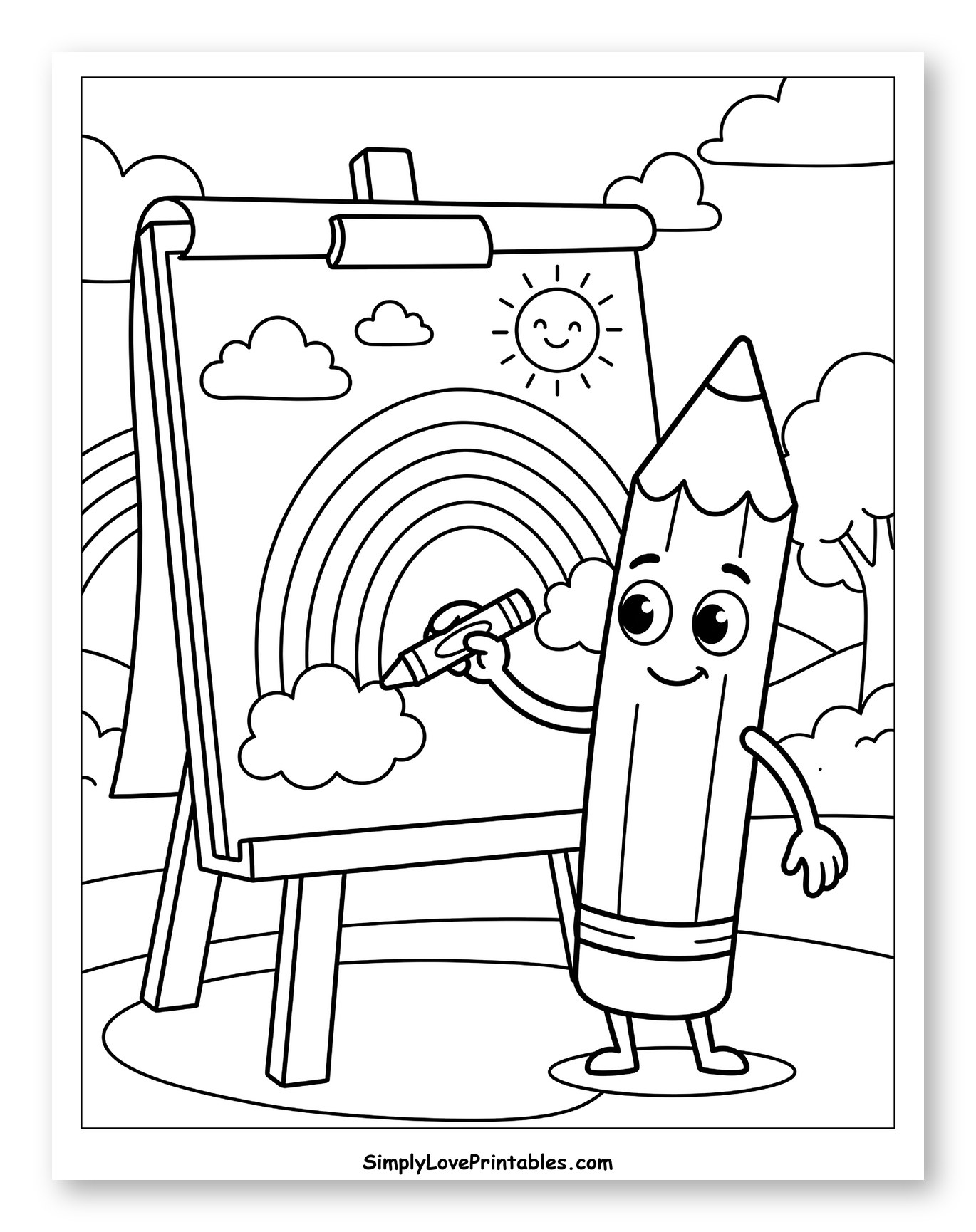 Cute Pencil Drawing Rainbow on Easel Coloring Page for Kids