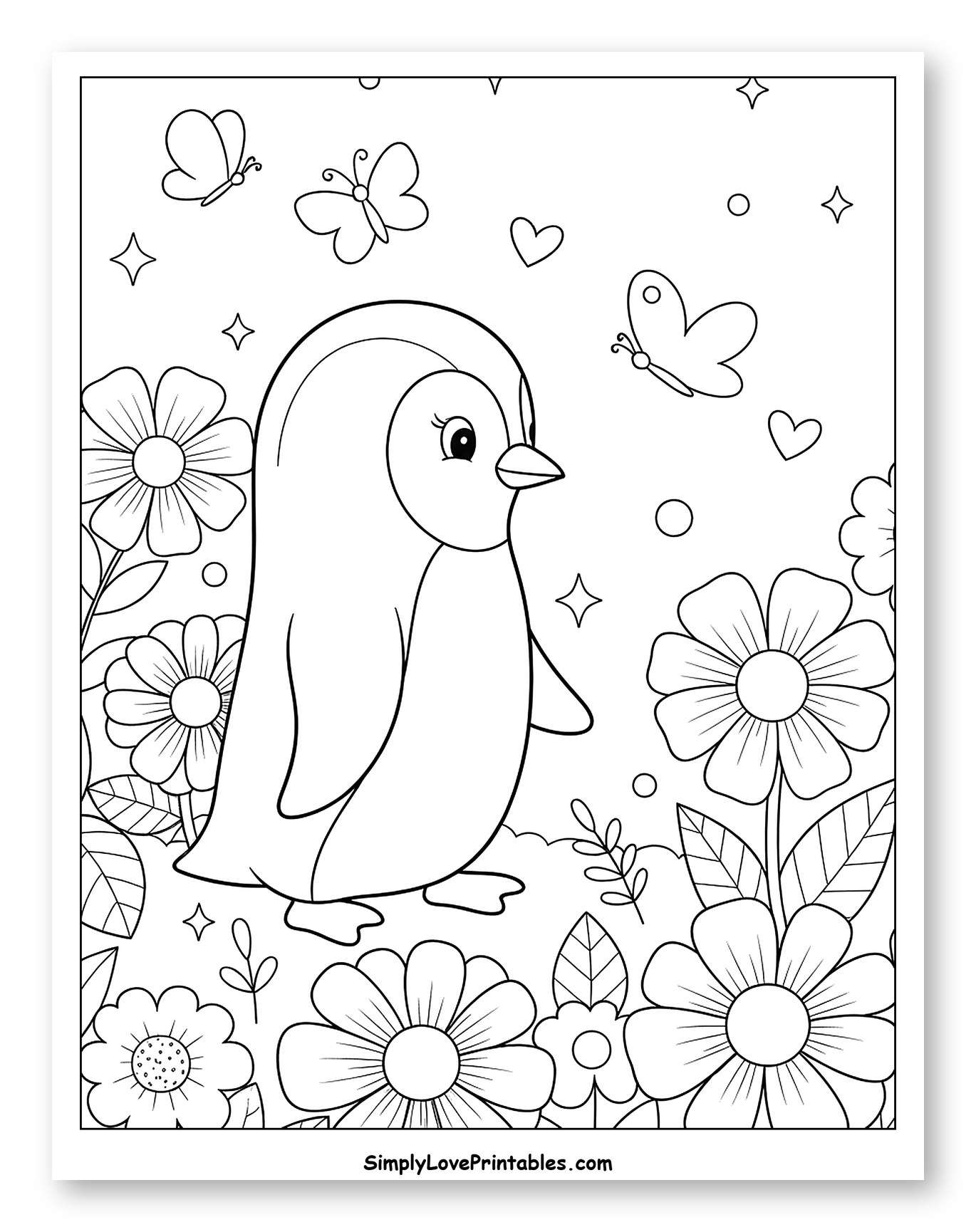 Cute Penguin Among Flowers and Butterflies