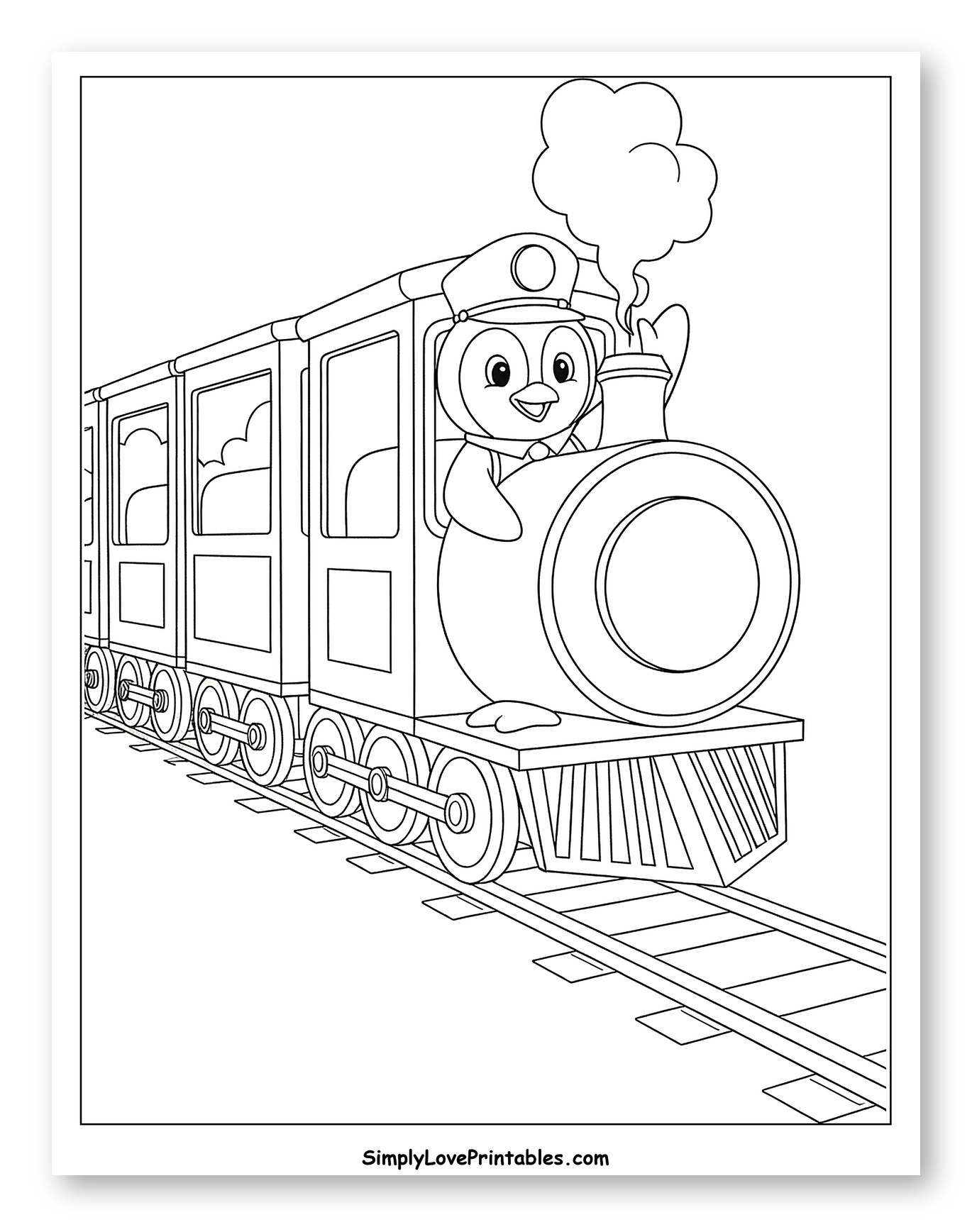 Cute Penguin Conductor Driving a Steam Train