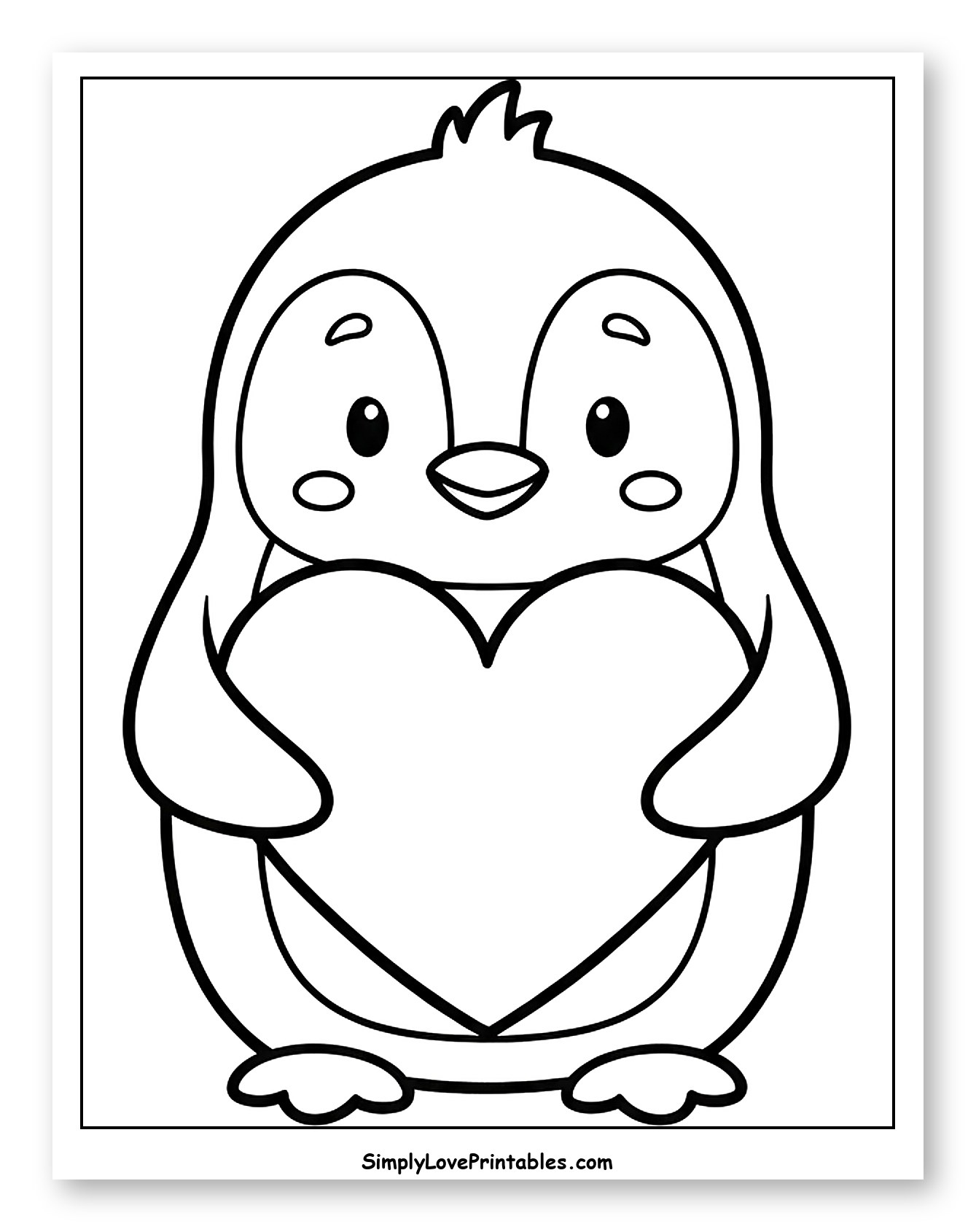 Cute Penguin Holding a Big Heart Coloring Page for Toddlers