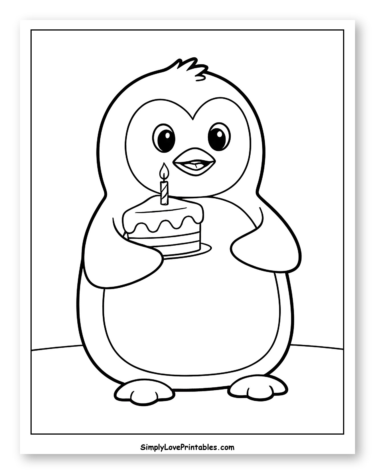 Cute Penguin Holding a Birthday Cake Coloring Page for Toddlers