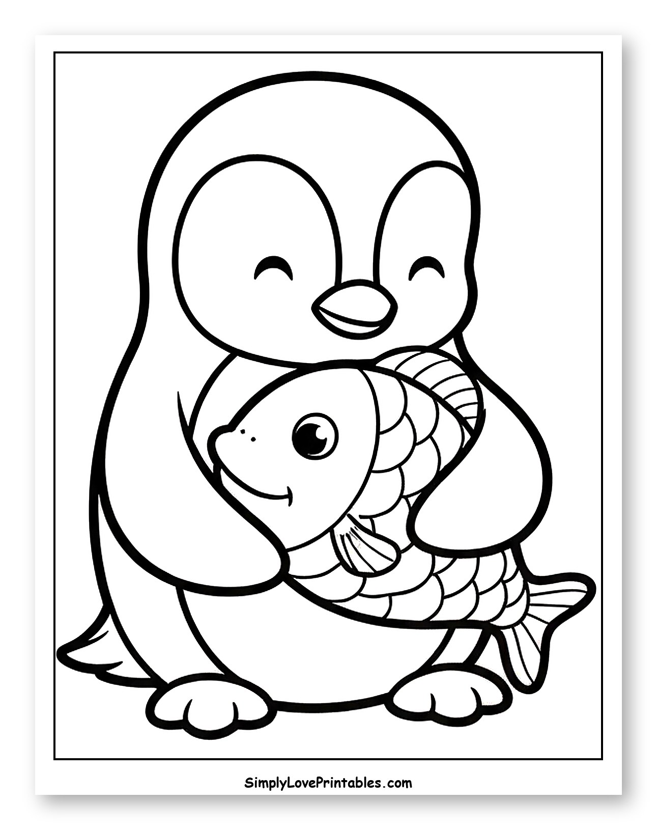 Cute Penguin Hugging a Fish Coloring Sheet for Toddlers