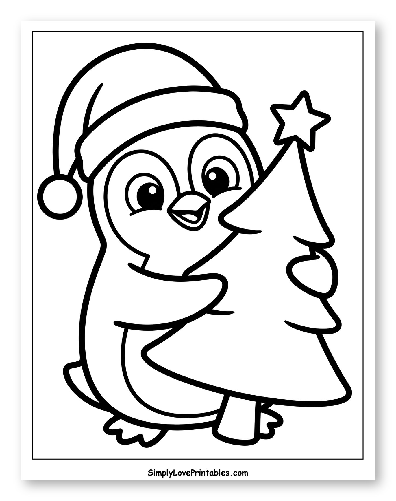 Cute Penguin Hugging a Small Christmas Tree to Color for Toddlers