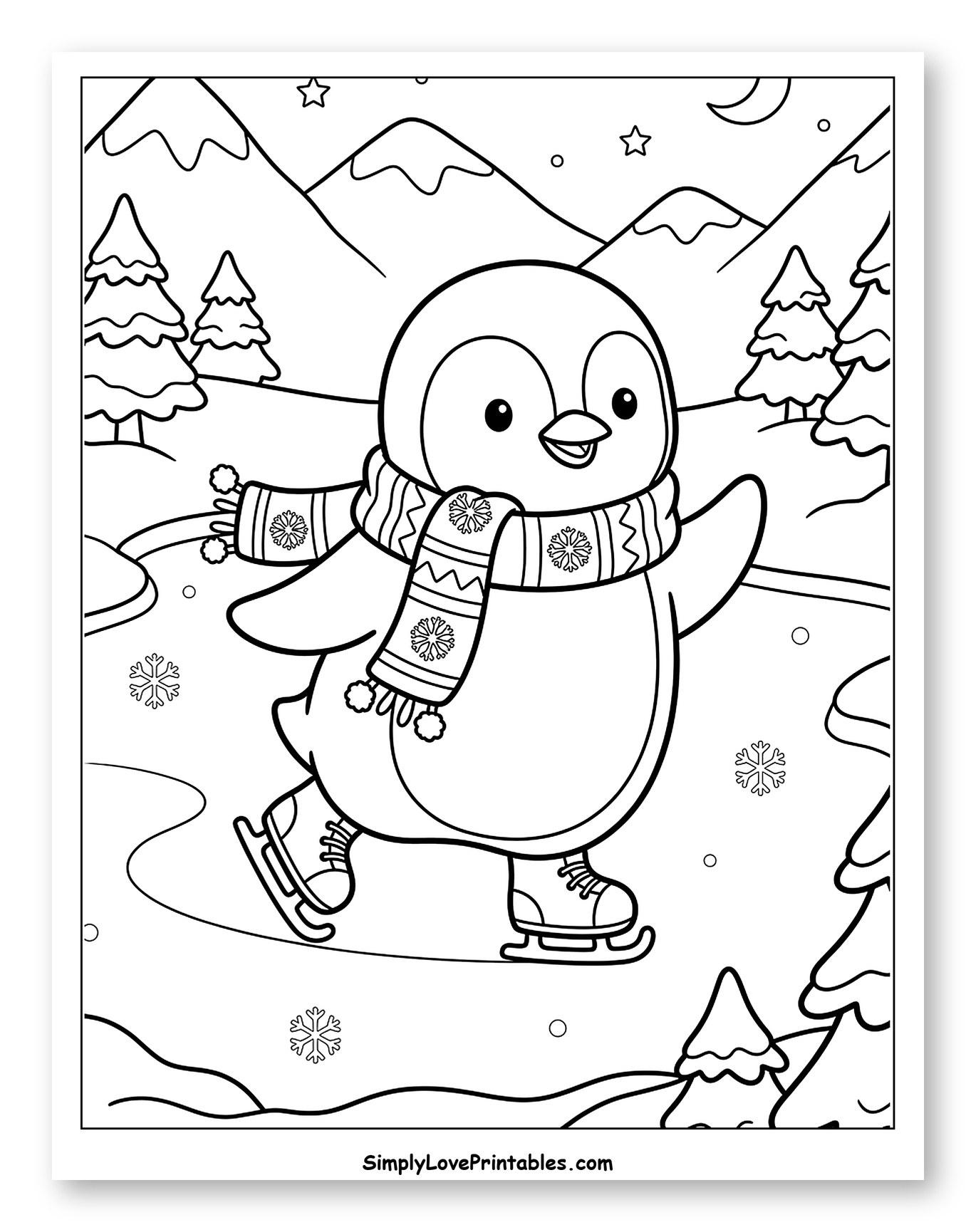 Cute Penguin Ice Skating Under the Stars to Color for Kids