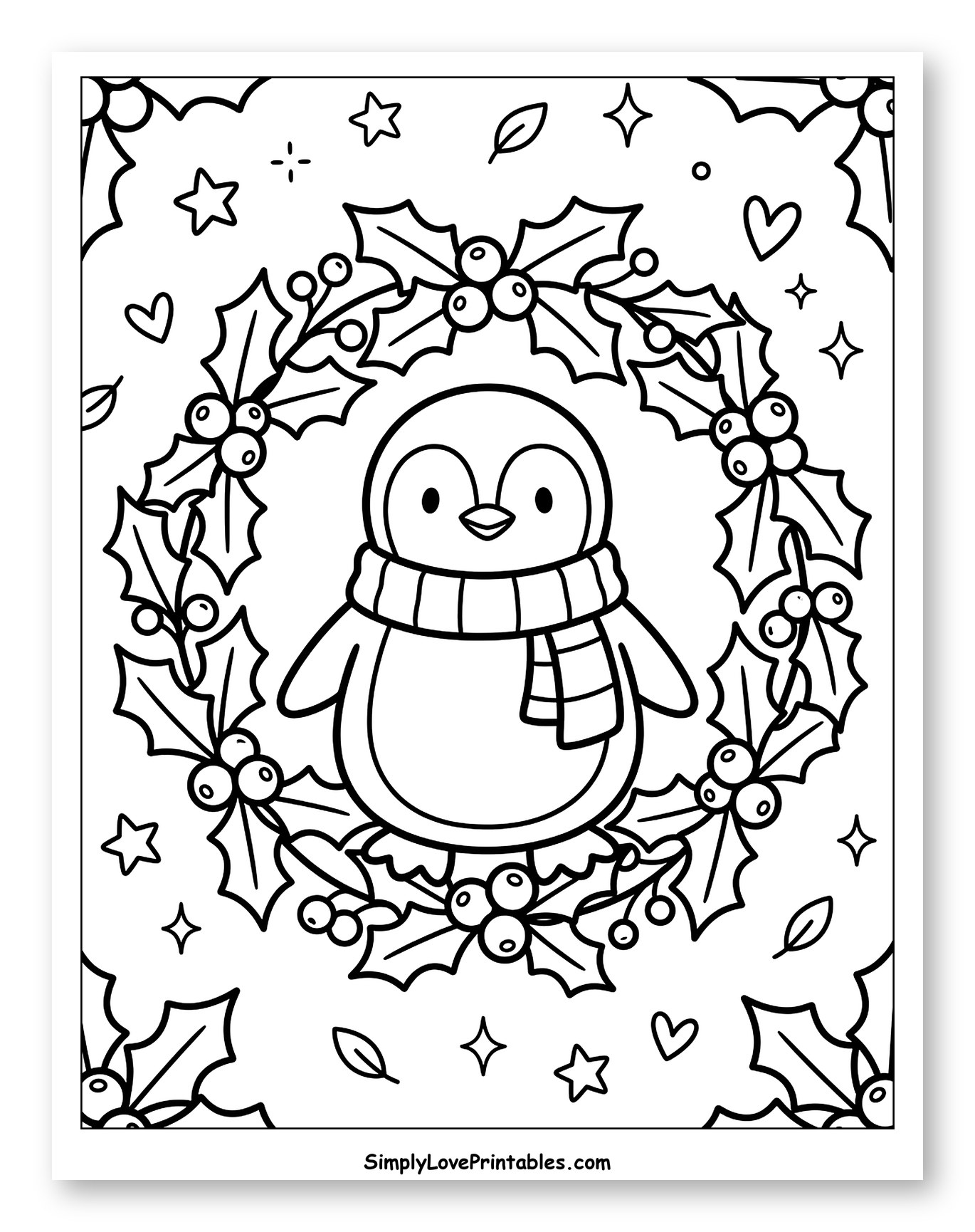 Cute Penguin in a Festive Holly Wreath