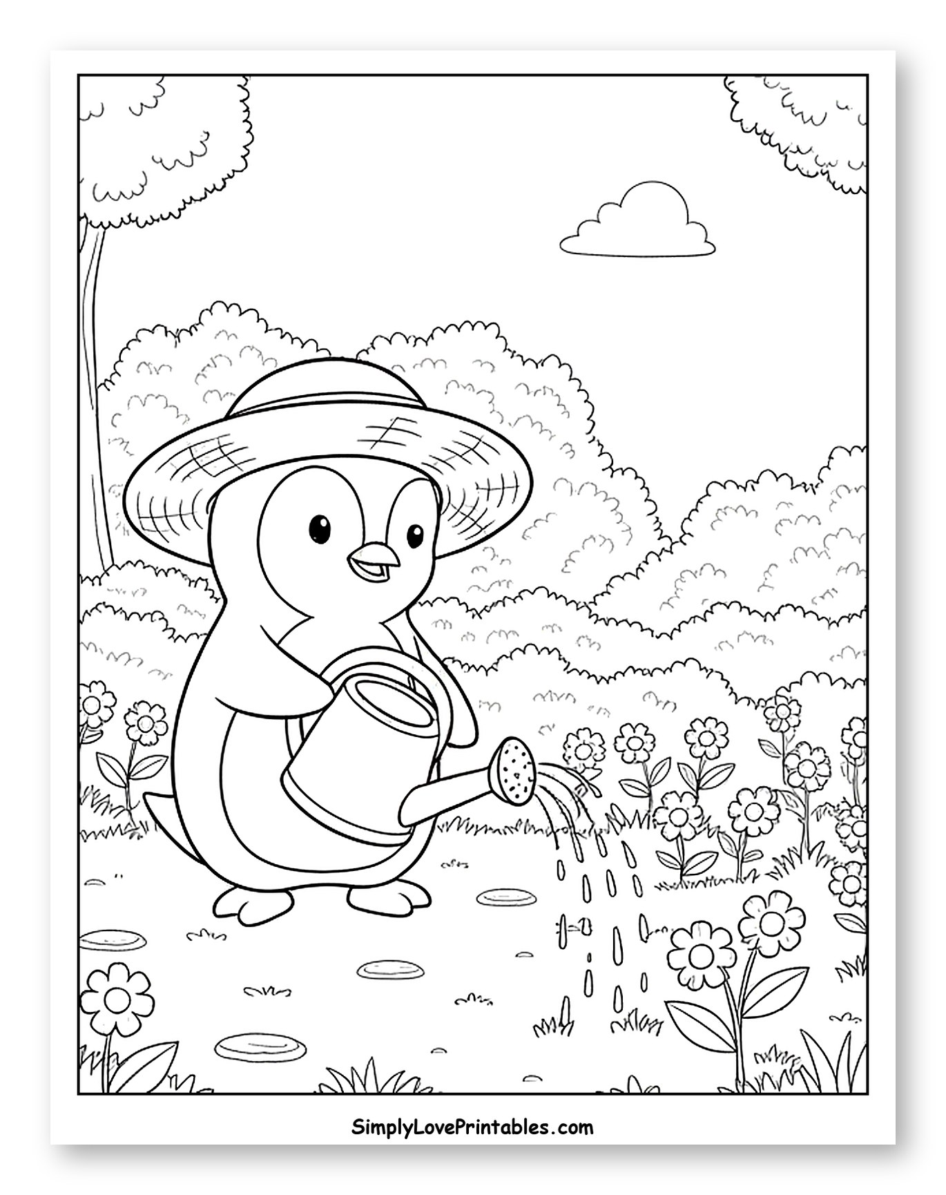 Cute Penguin in Hat Watering Garden Flowers