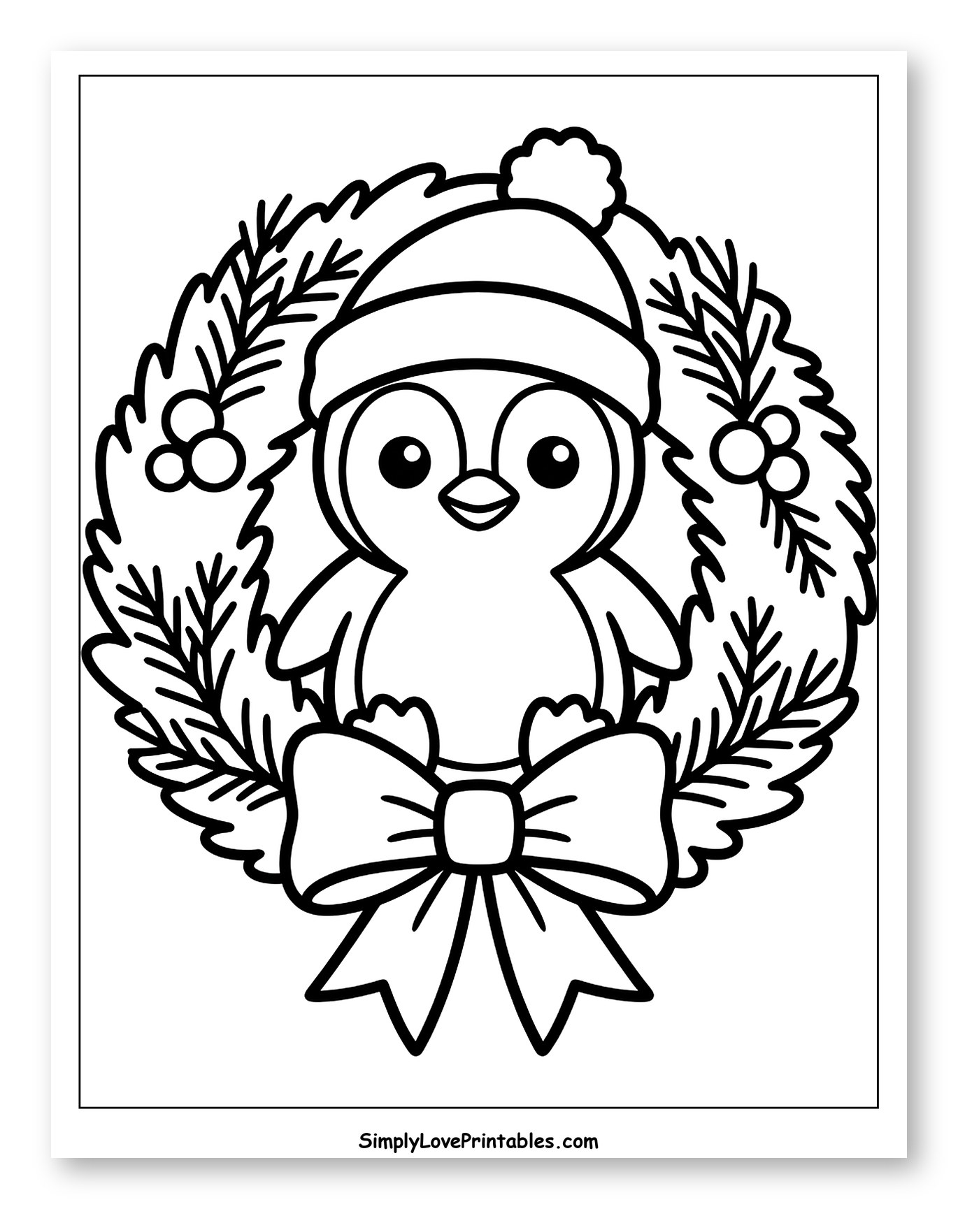 Cute Penguin Inside a Christmas Wreath Coloring Page for Toddlers