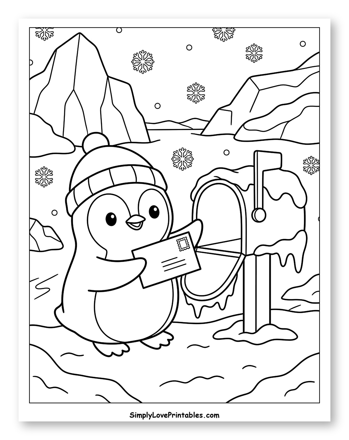Cute Penguin Mailing a Letter in Winter Coloring Page for Kids