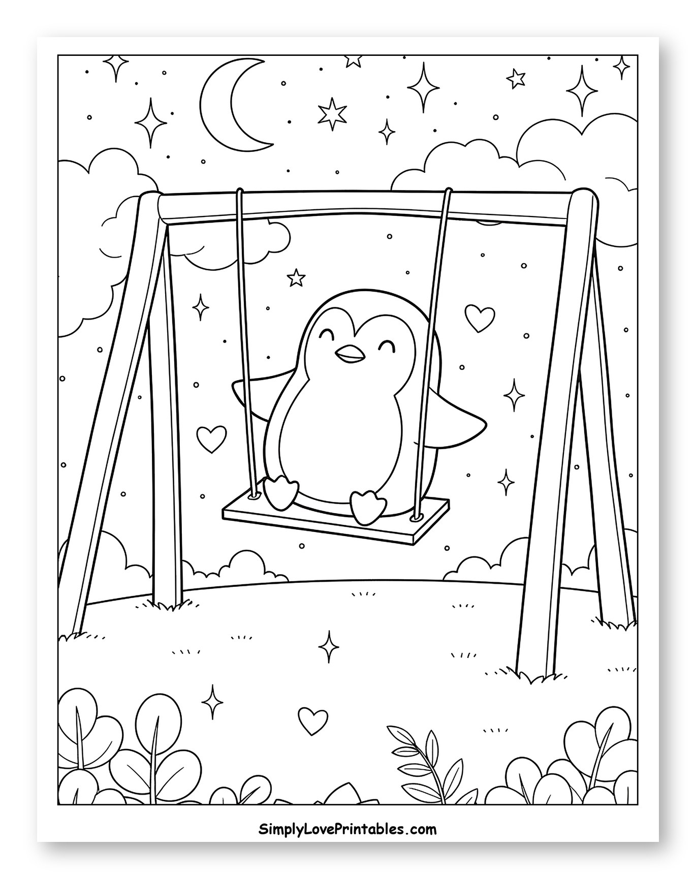 Cute Penguin on a Swing at Night Coloring Page for Adults