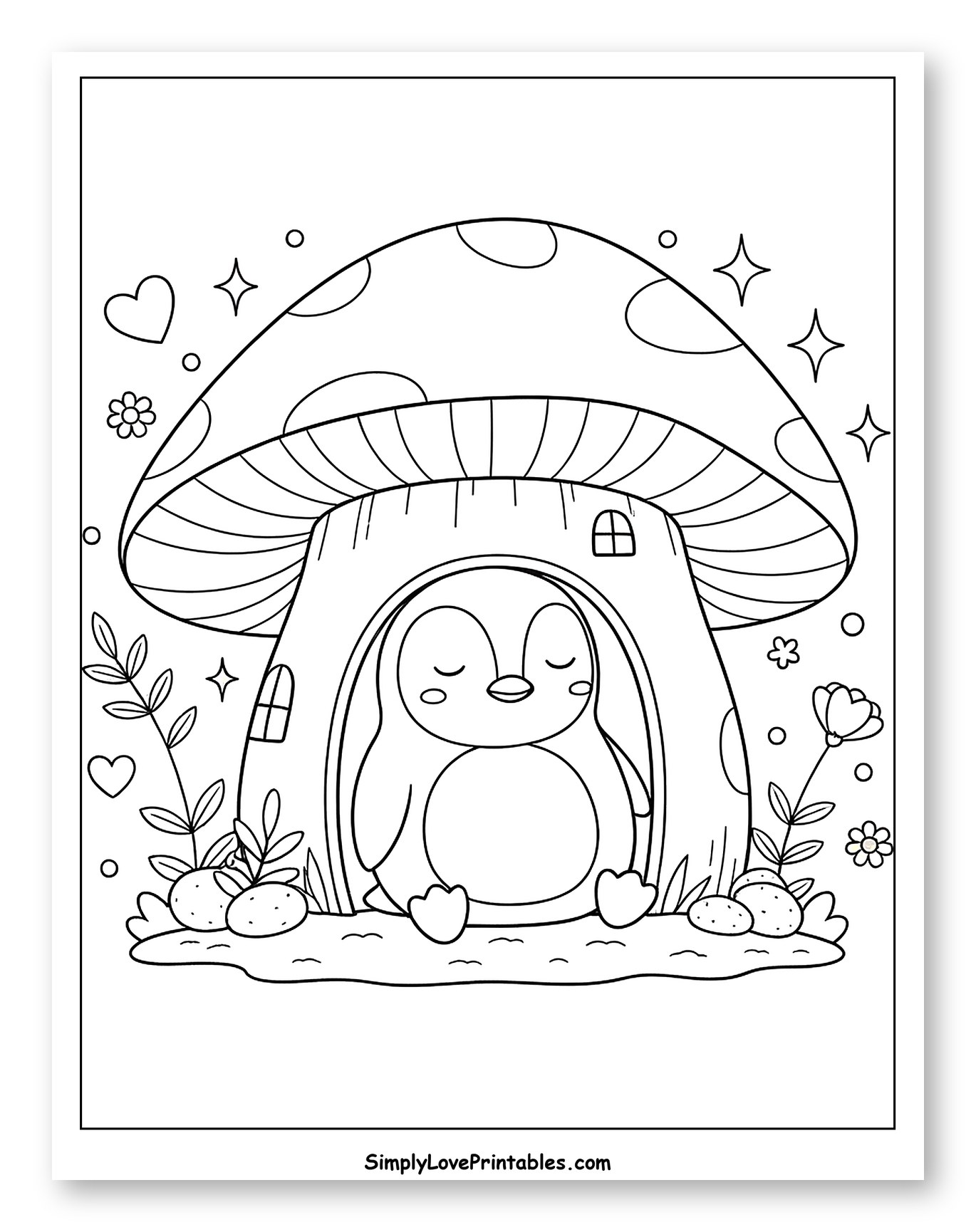 Cute Penguin Sleeping in a Mushroom House Coloring Page for Adults