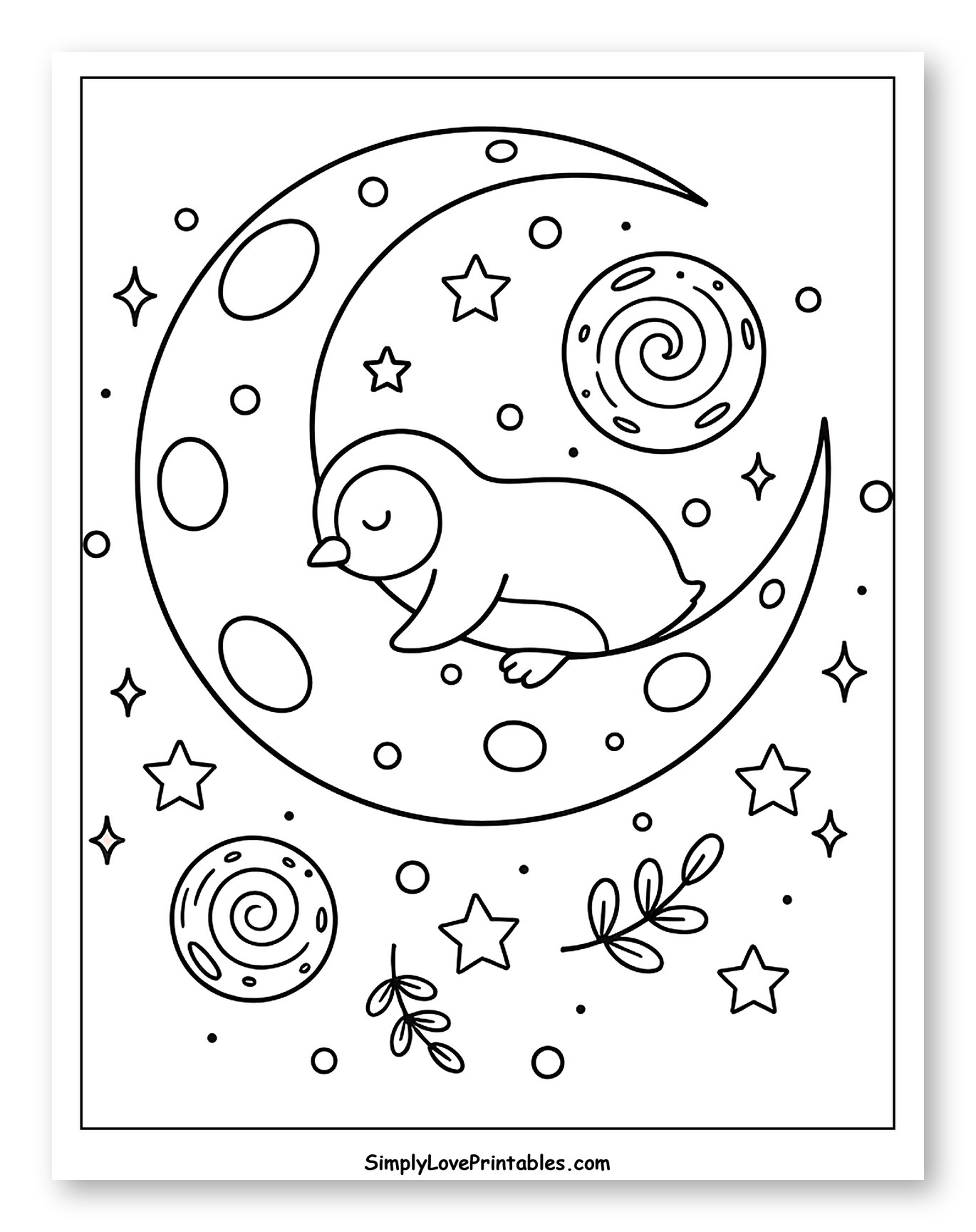 Cute Penguin Sleeping on a Crescent Moon Coloring Page for Adults