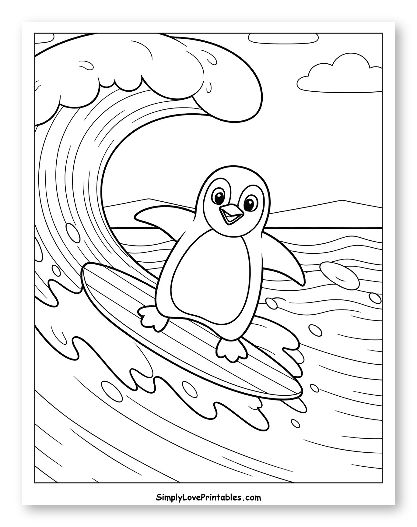 Cute Penguin Surfing a Big Wave Coloring Page for Kids