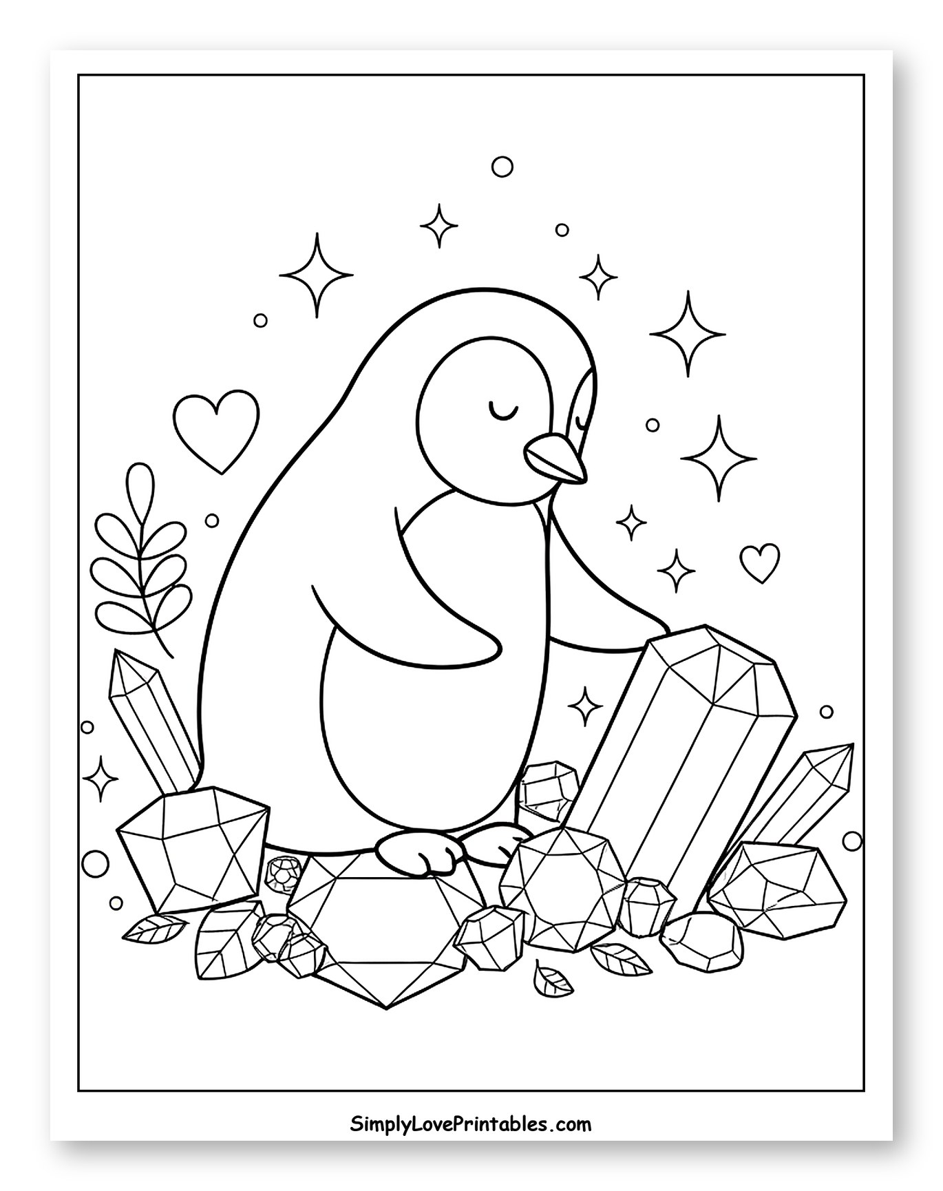 Cute Penguin Surrounded by Sparkling Gems and Crystals
