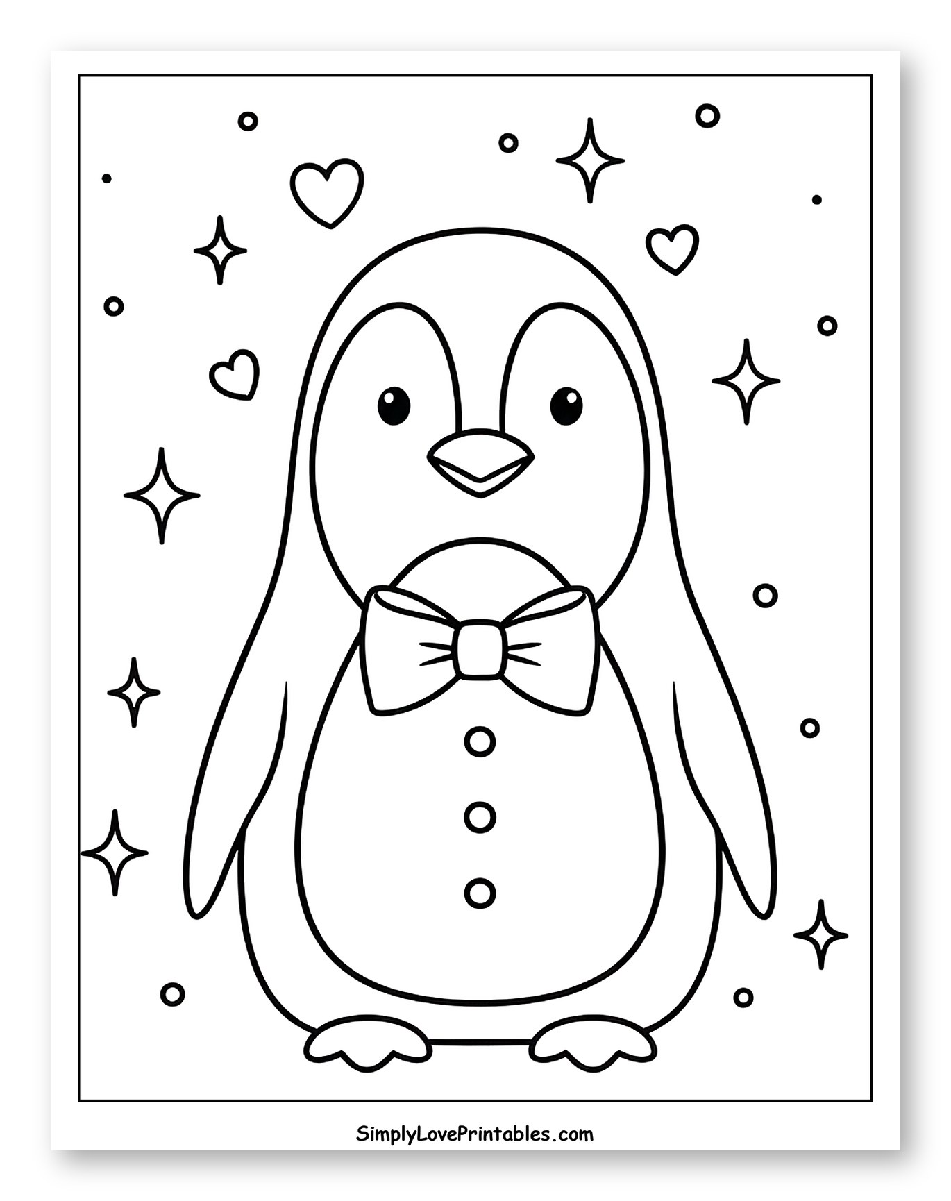 Cute Penguin with Bow Tie and Stars Coloring Page for Adults