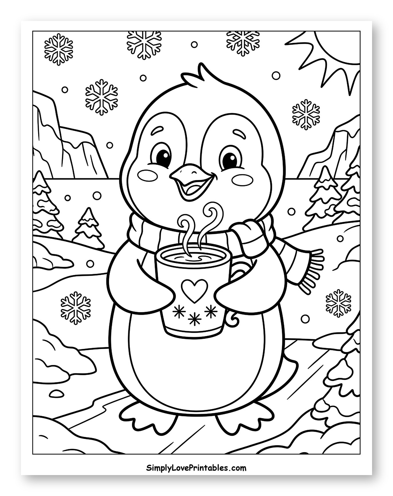 Cute Penguin with Hot Chocolate on Snowy Day