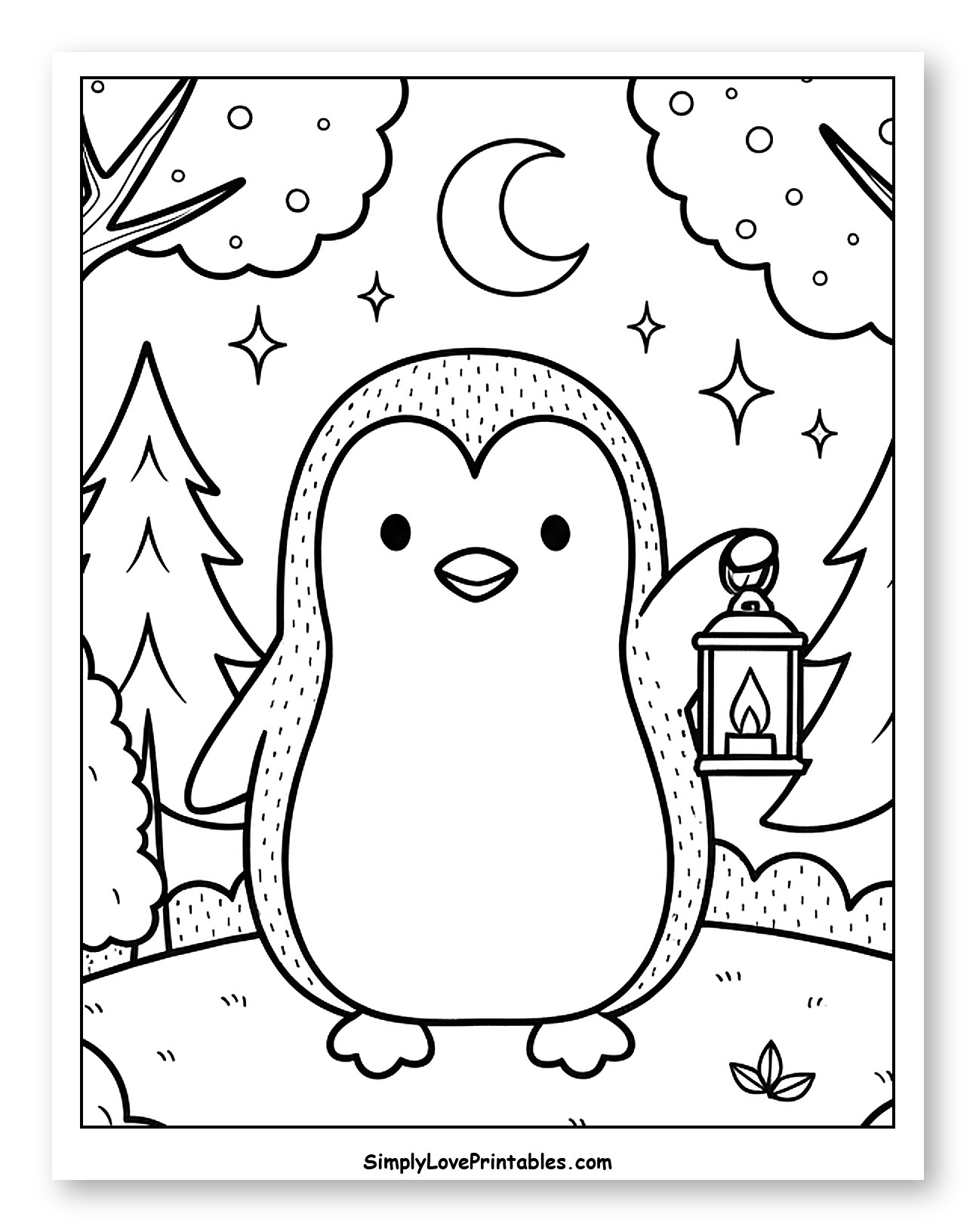 Cute Penguin with Lantern in Winter Night