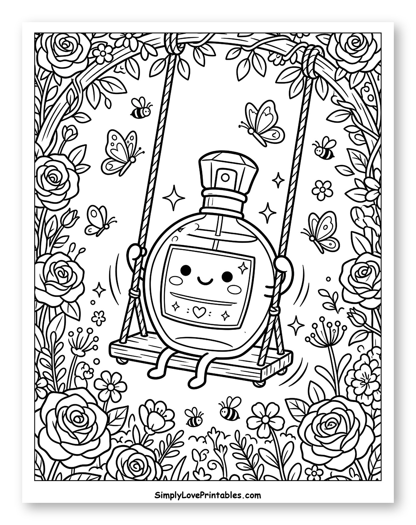 Cute Perfume Bottle Swinging in a Garden to Color for Kids