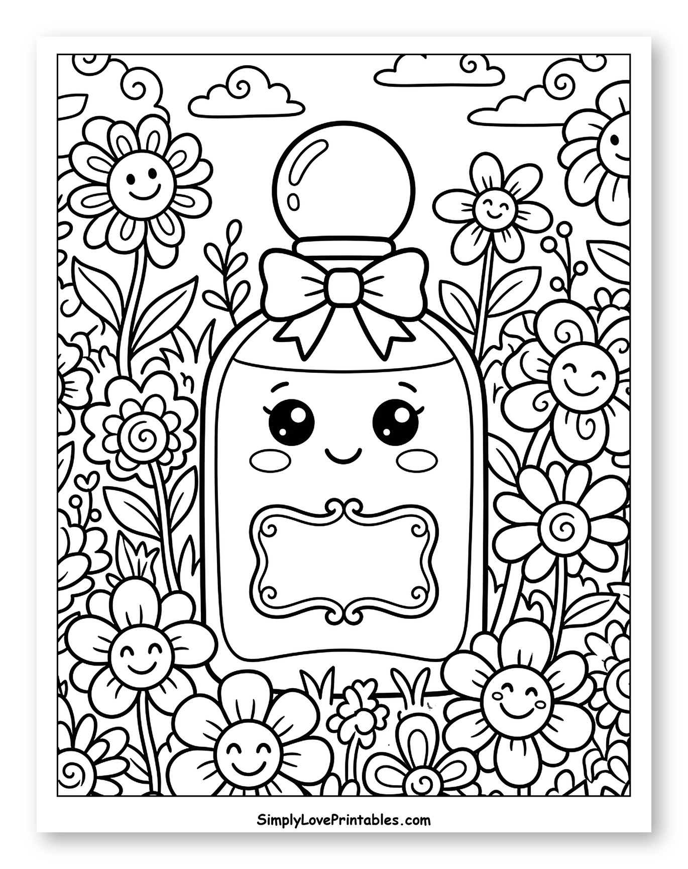 Cute Perfume Bottle with Smiling Flowers Coloring Page for Kids
