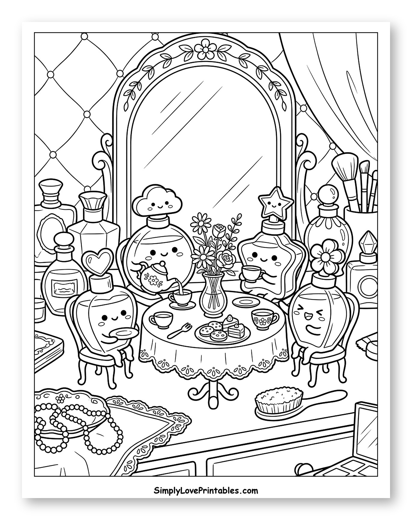 Cute Perfume Bottles' Tea Party on Vanity to Color for Kids