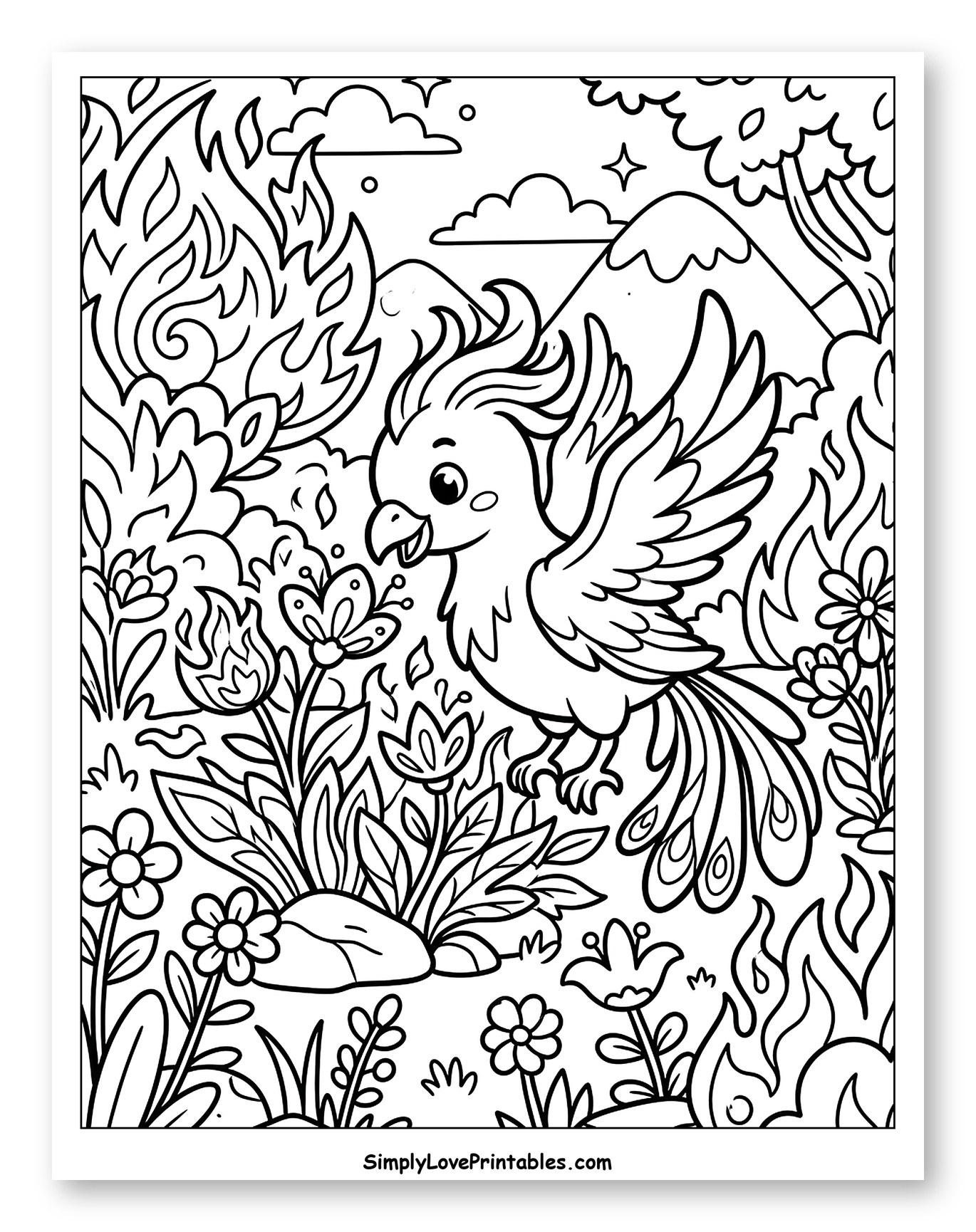Cute Phoenix Amidst Flames and Flowers Coloring Page for Kids