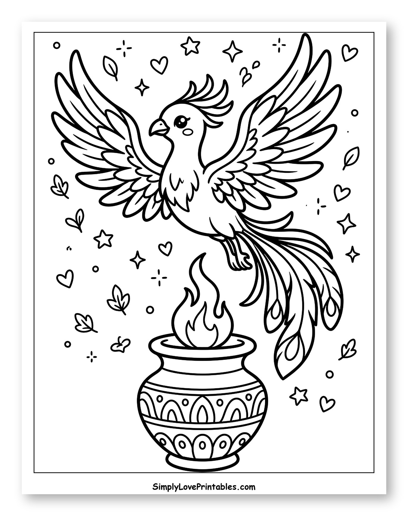 Cute Phoenix Flying Over Fire Pot to Color for Adults