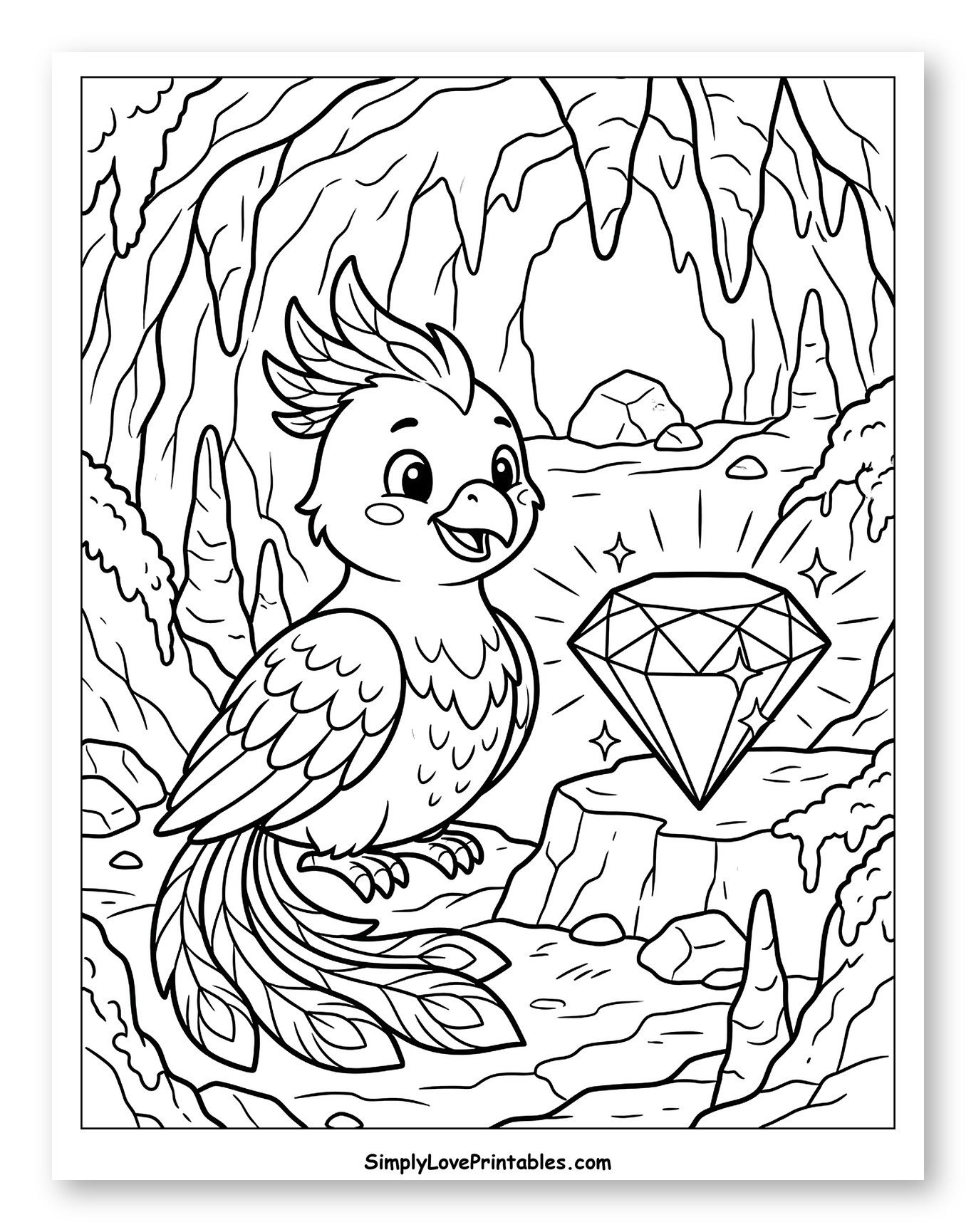 Cute Phoenix in a Cave with a Diamond