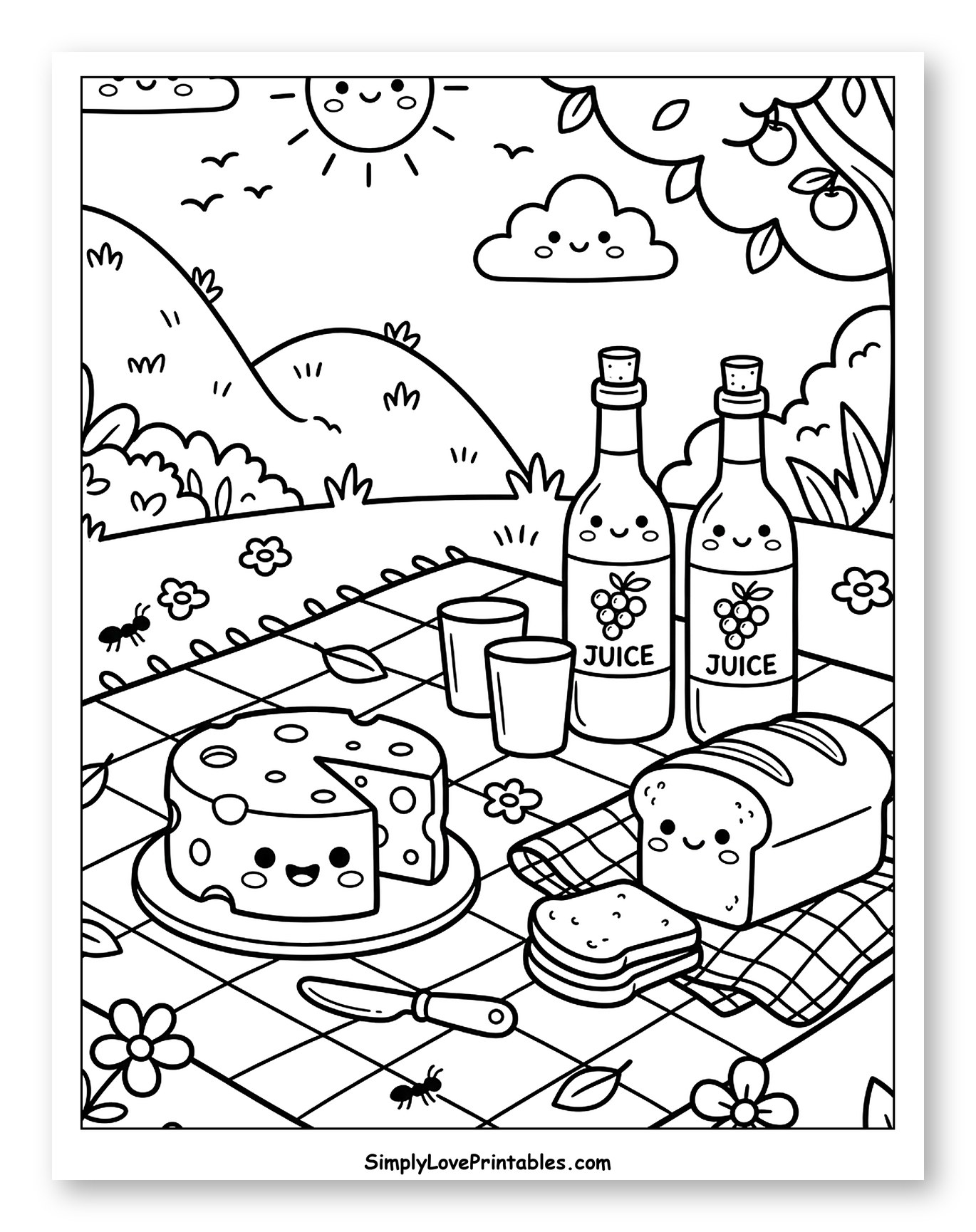 Cute Picnic with Happy Cheese and Bread to Color for Kids