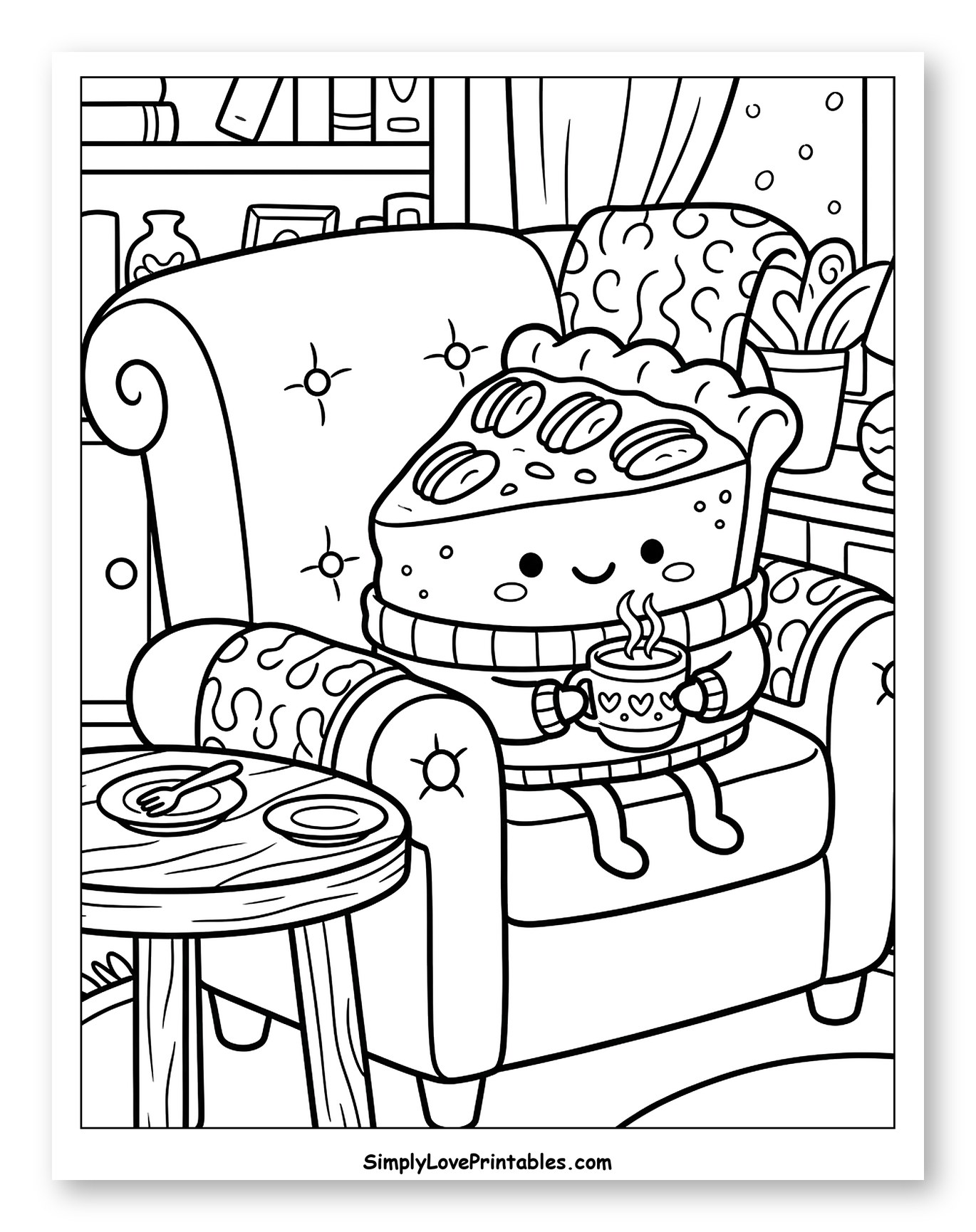 Cute Pie Slice Enjoying Hot Drink in Armchair