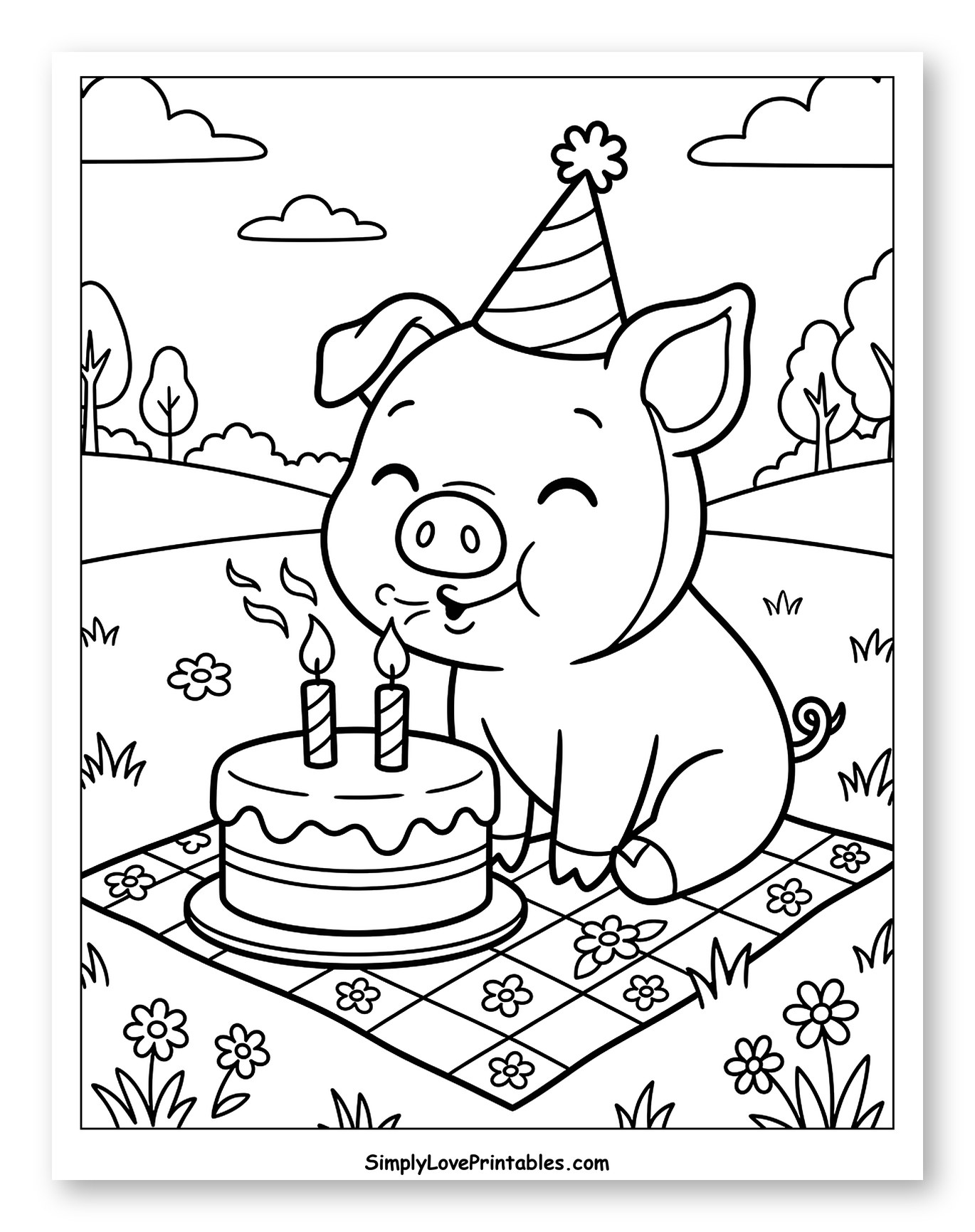 Cute Pig Blowing Out Birthday Cake Candles to Color for Kids