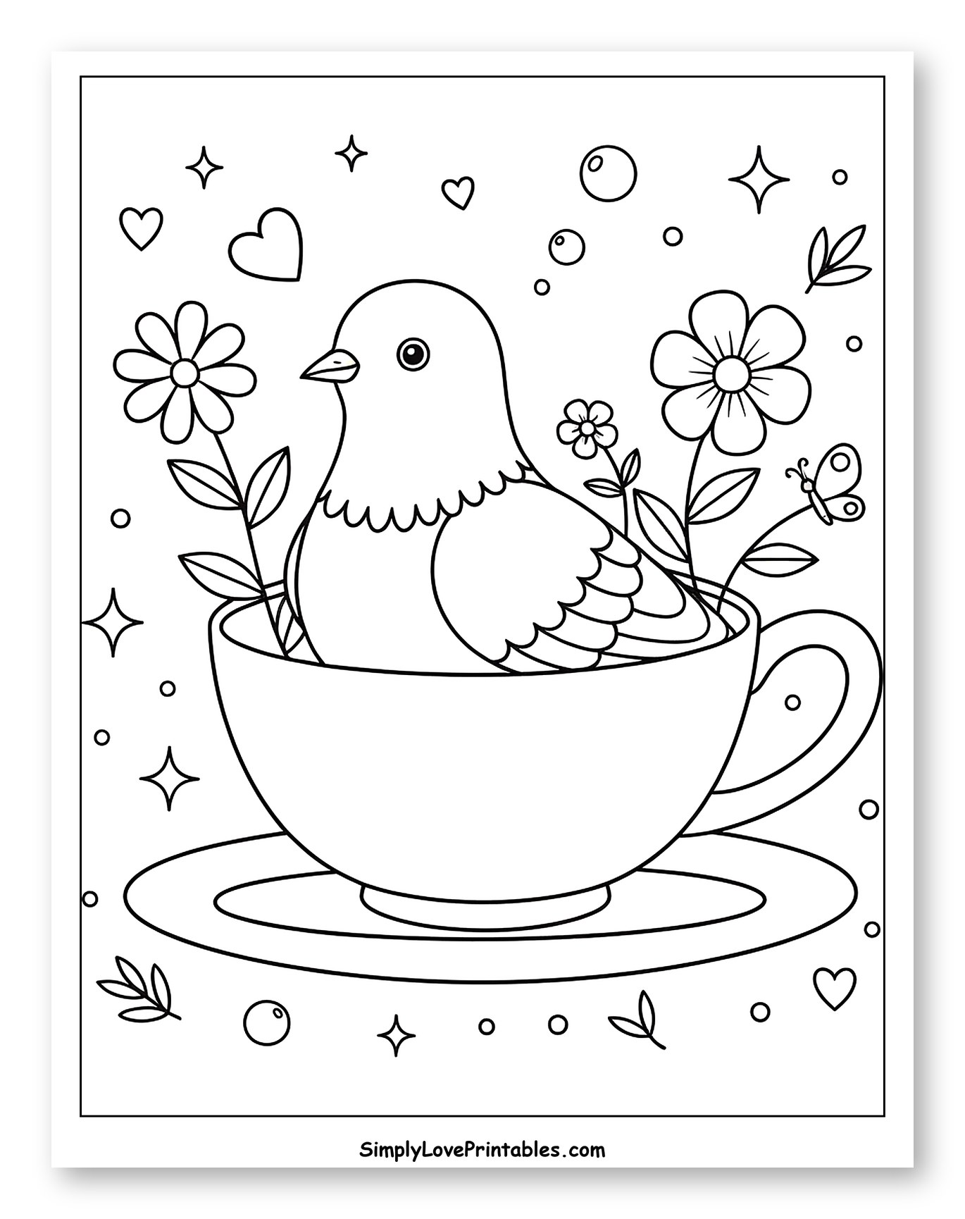 Cute Pigeon in a Teacup with Flowers and Stars