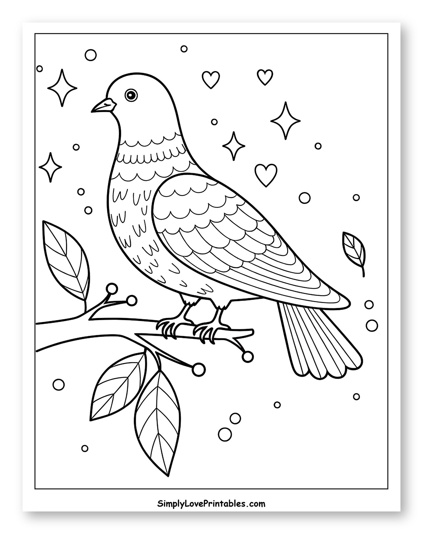 Cute Pigeon on a Branch with Hearts and Stars
