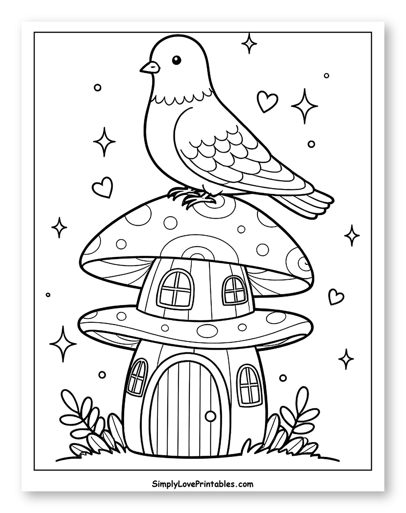 Cute Pigeon Perched on a Mushroom House