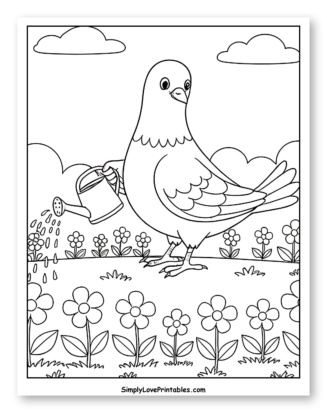 Cute Pigeon Watering a Field of Flowers