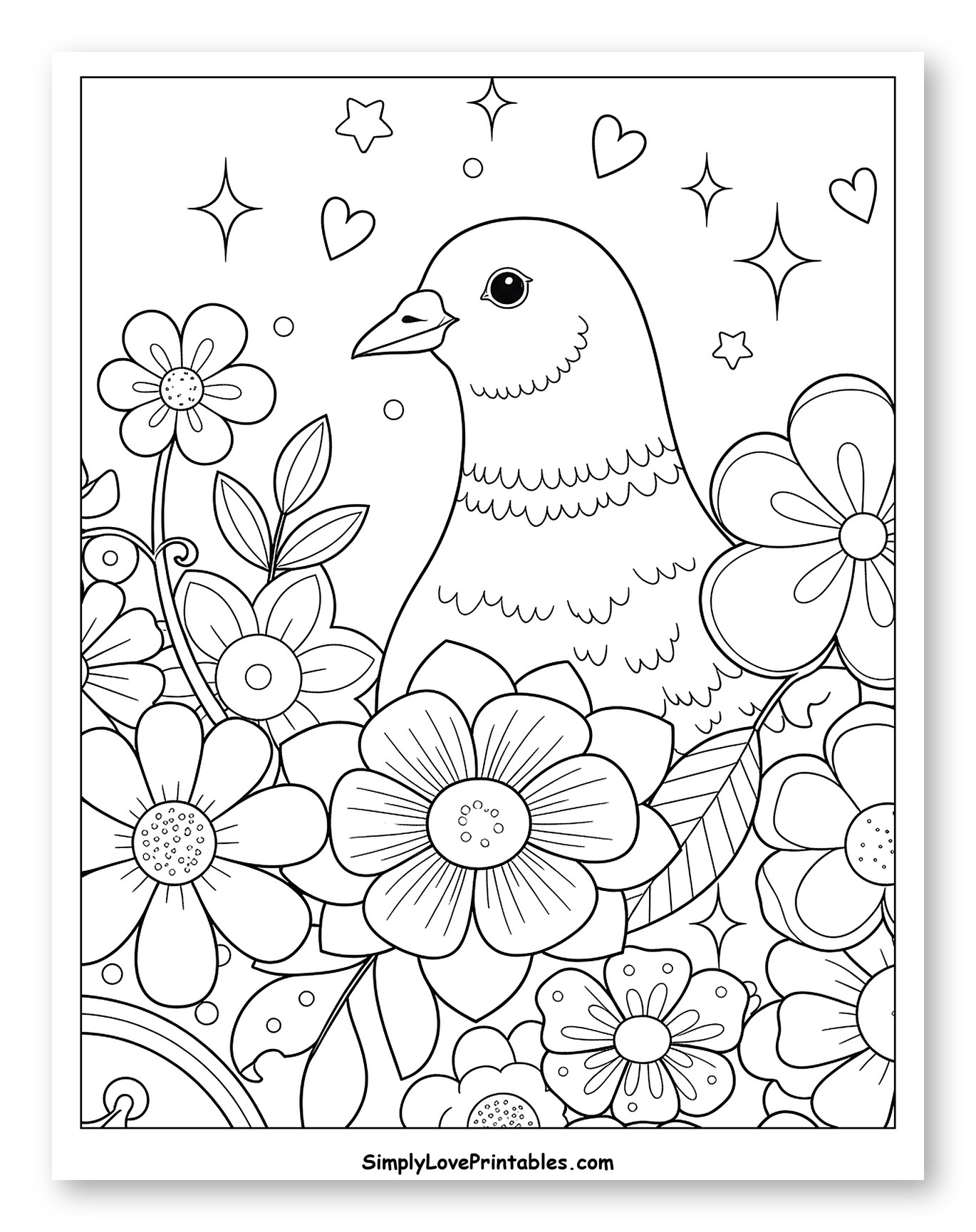 Cute Pigeon with Surrounding Flowers and Stars