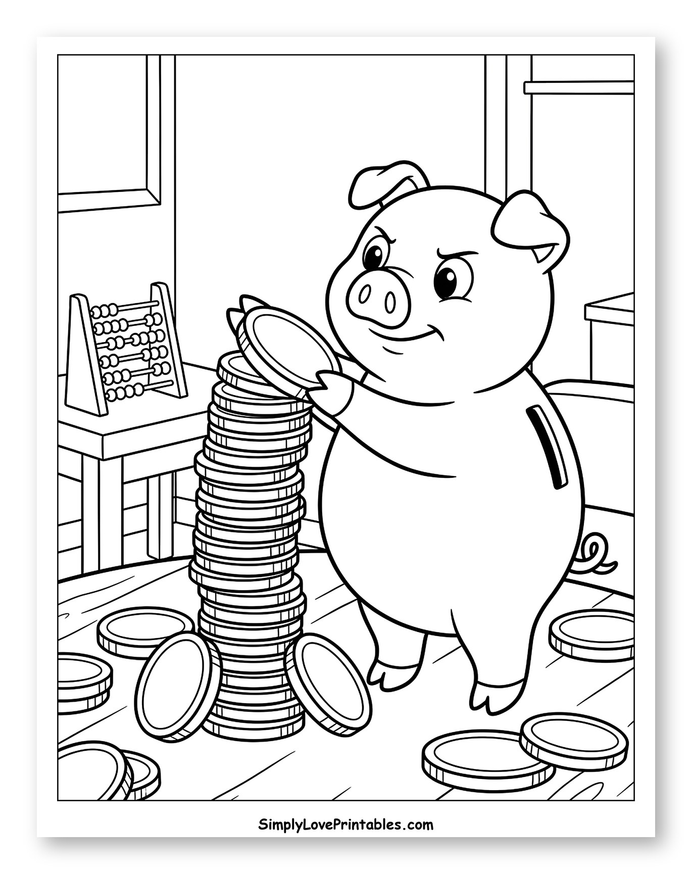 Cute Piggy Bank Stacking Coins to Color for Kids