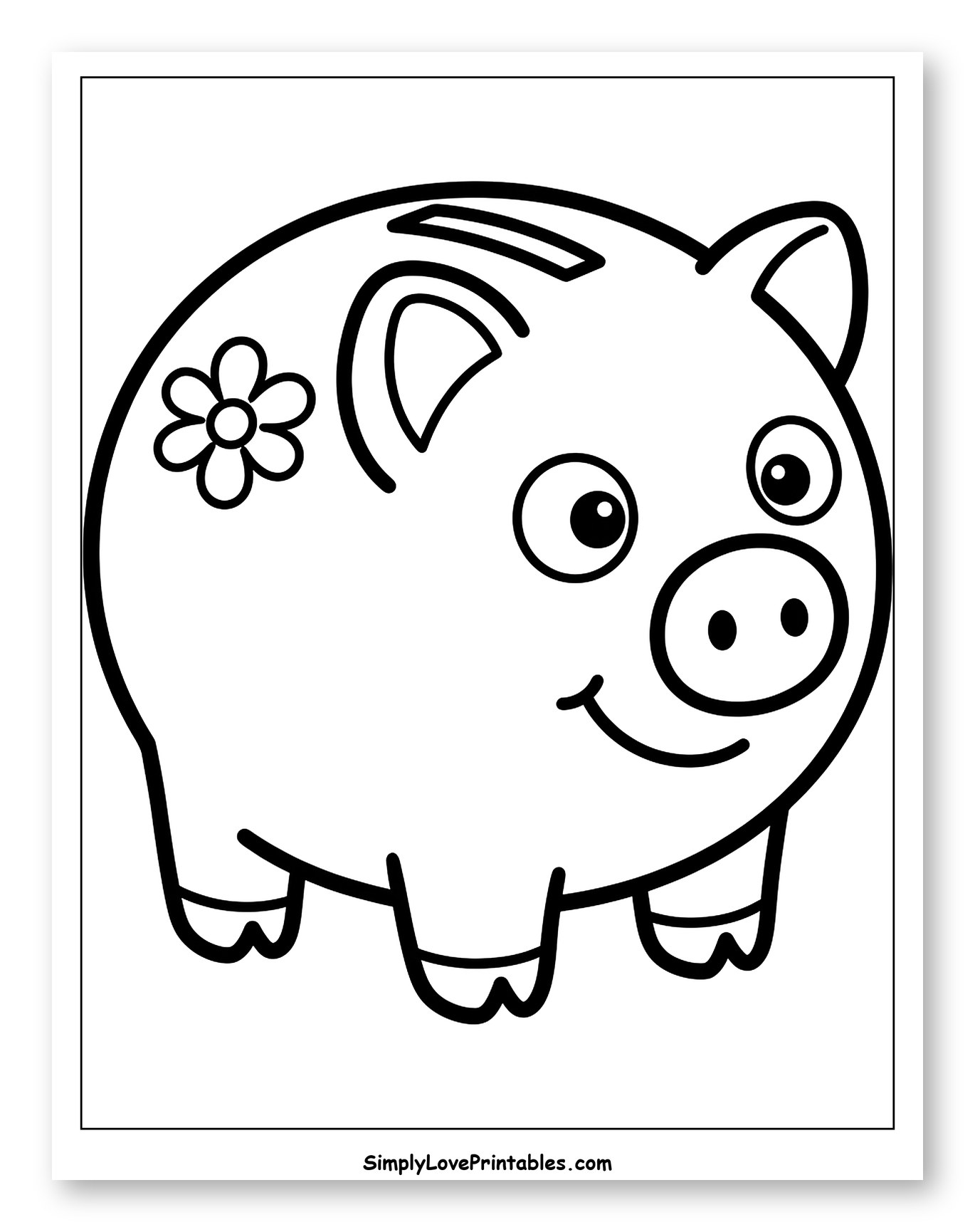 Cute Piggy Bank with a Flower Coloring Sheet for Toddlers