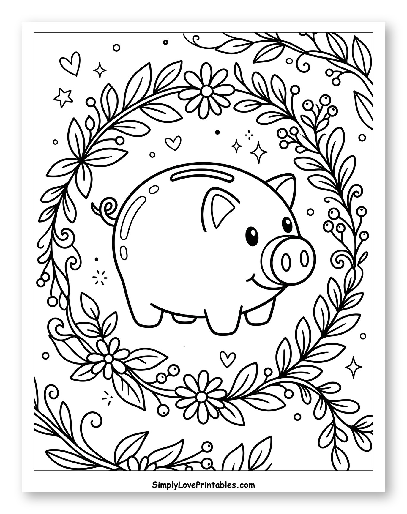 Cute Piggy Bank with Floral Wreath
