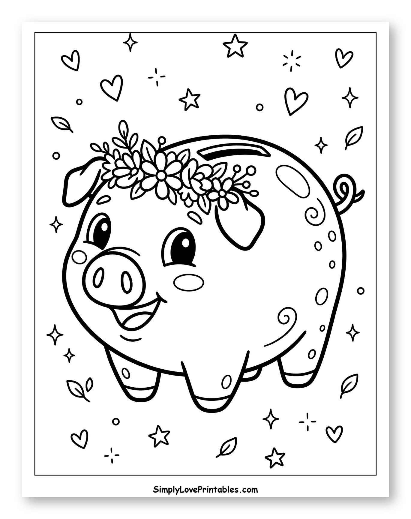 Cute Piggy Bank with Flower Crown and Stars