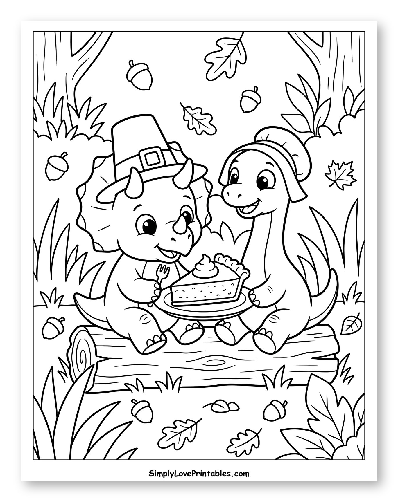 Cute Pilgrim Dinosaurs Sharing a Slice of Pie Coloring Sheet for Kids