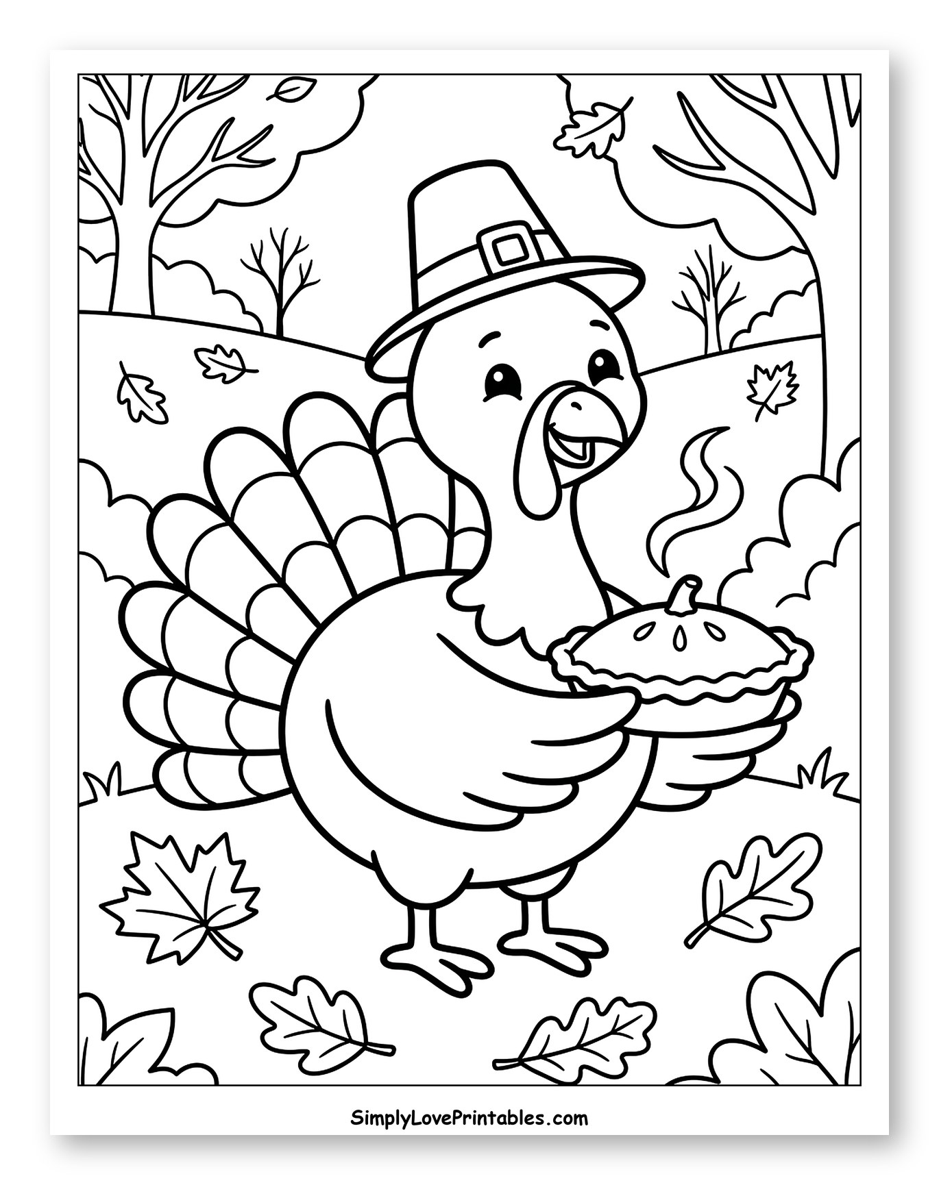 Cute Pilgrim Turkey Holding a Warm Pie Coloring Page for Kids