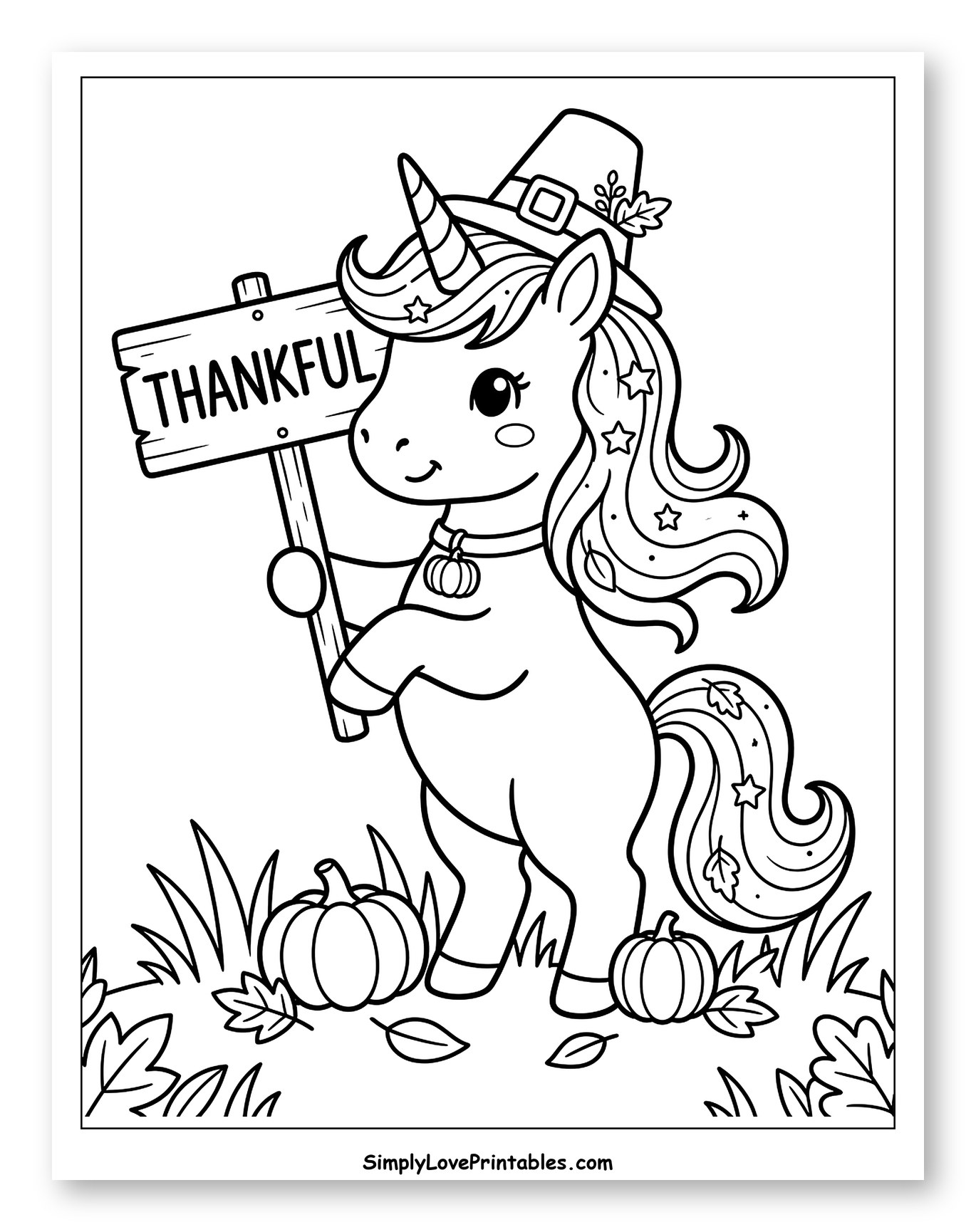 Cute Pilgrim Unicorn Holding a Thankful Sign