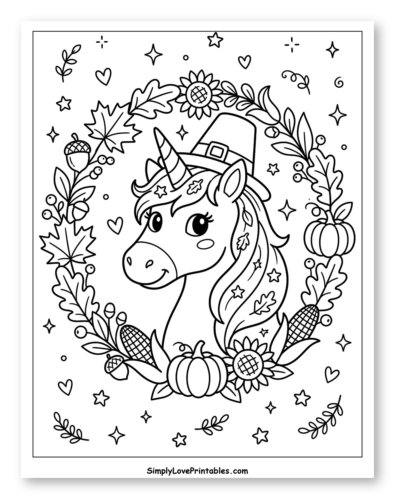 Cute Pilgrim Unicorn inside an Autumn Wreath to Color for Adults