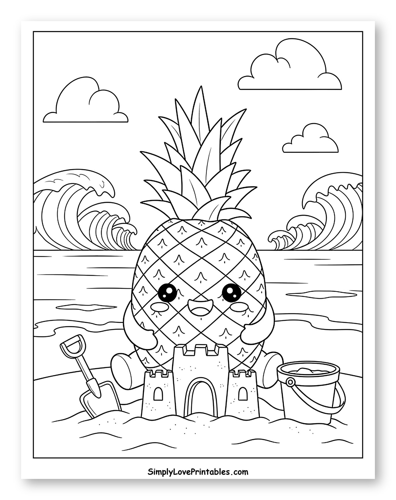 Cute Pineapple Building Sandcastle on Beach to Color for Kids