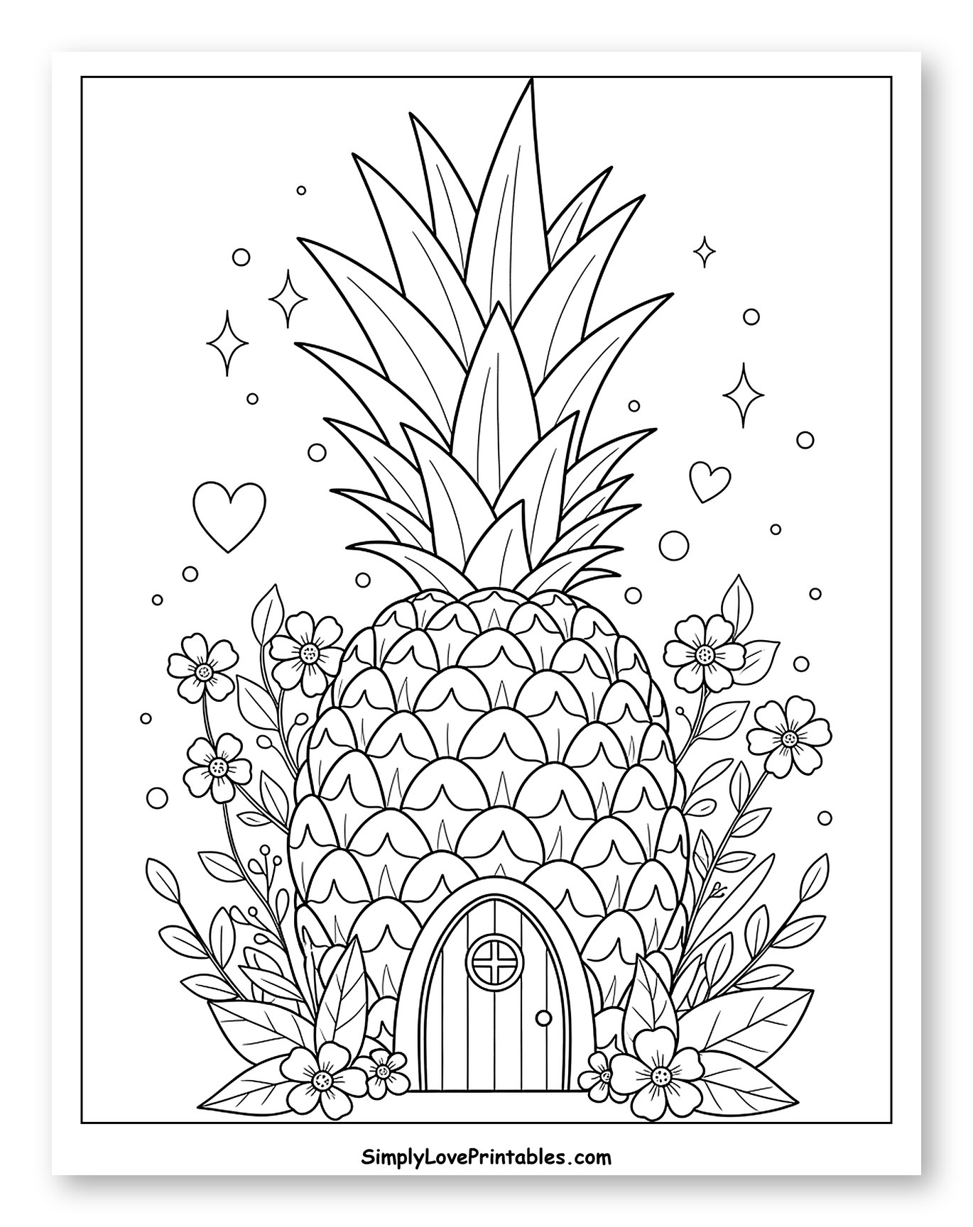 Cute Pineapple Fairy House with Flowers Coloring Sheet for Adults