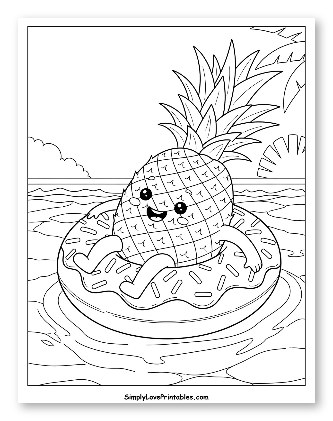 Cute Pineapple Floating in a Donut Ring Coloring Page for Kids